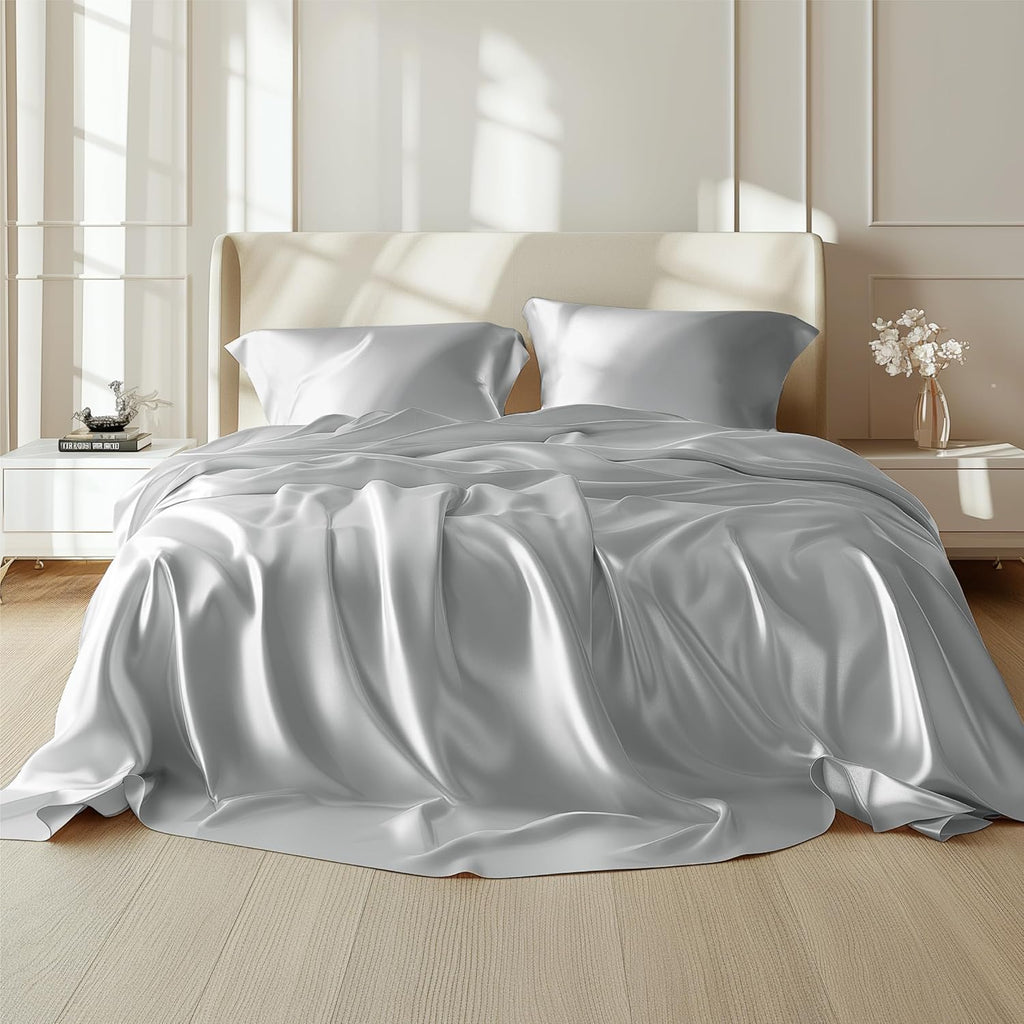 RV King Size 4-Piece Sheet Set Premium Mulberry Silk Bed Sheets Set Fits 14-16' Deep Pocket - Luxurious Soft Silk (Solid, Silver Grey)
