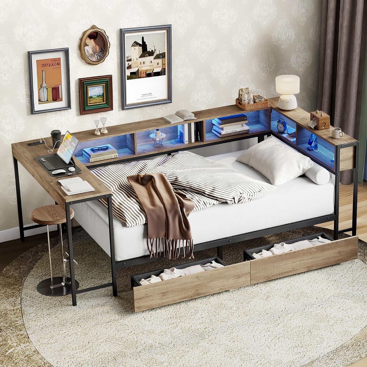 TTK Twin Size Corner Bed Frame with LED Lights, Bookcase Headboard, 2 Storage Drawers, Charging Station & Hutch Desk – Modern Metal Daybed for Bedroom, Guest Room or Living Room, Brown (Twin)