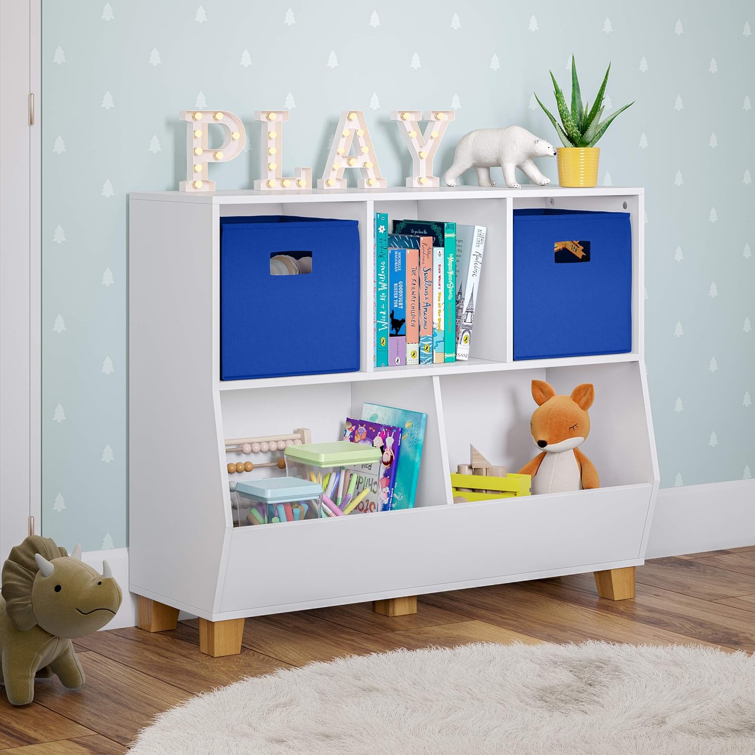 RiverRidge Catch-All Kids Toy Storage Organizer with 3 Cubbies and 2 Storage Bin Compartments - 35 Inch Wide White and 2 Blue Fabric Bins Kids Room Decor Toy Organizers and Bins
