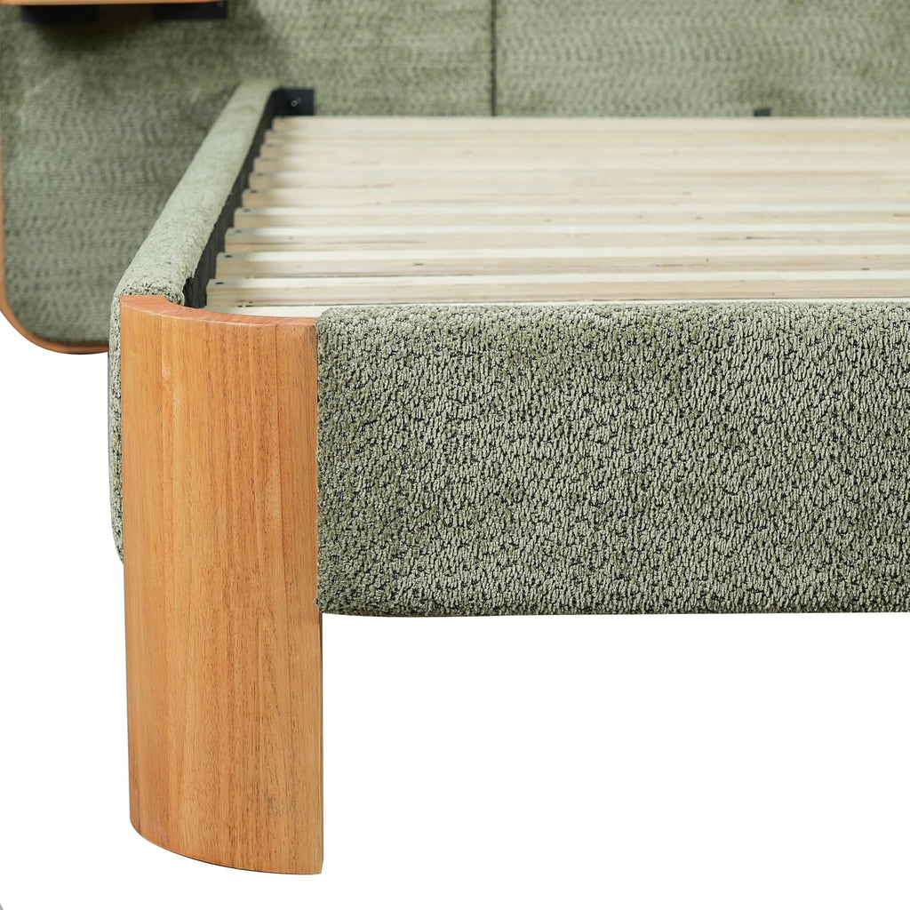 Merax King Size Boucle Upholstered Platform Bed with Wide Curved Headboard and Floating Shelves for Adults, Heavy Duty Steel Center Beam for Support, No Box Spring Needed, Antique Green