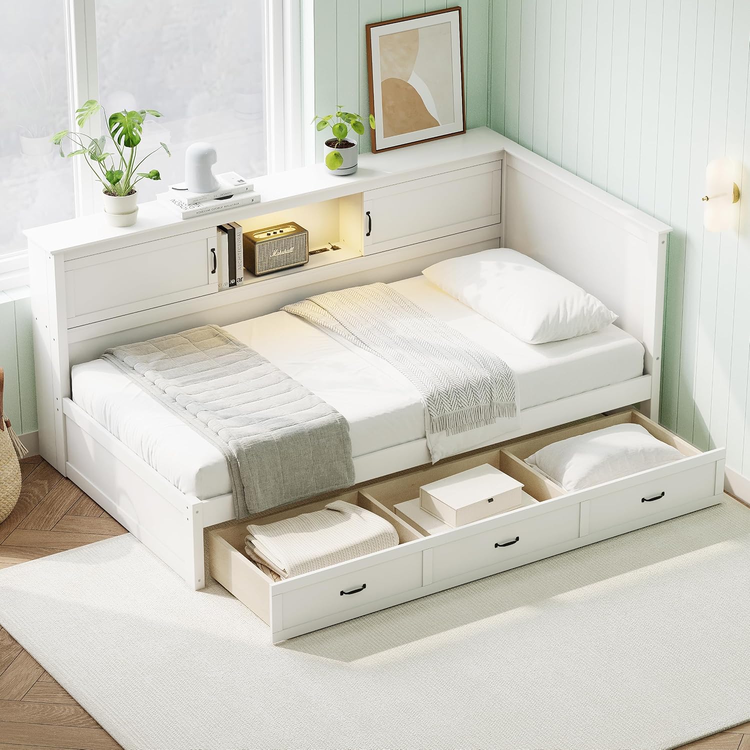 Full Size L-Shaped Bed Frame with Drawer and Bookcase, Multifunctional Corner Bed, Wooden Captain Bed with Led Downlight and USB Port for Small Room,Bedroom, Guest Room