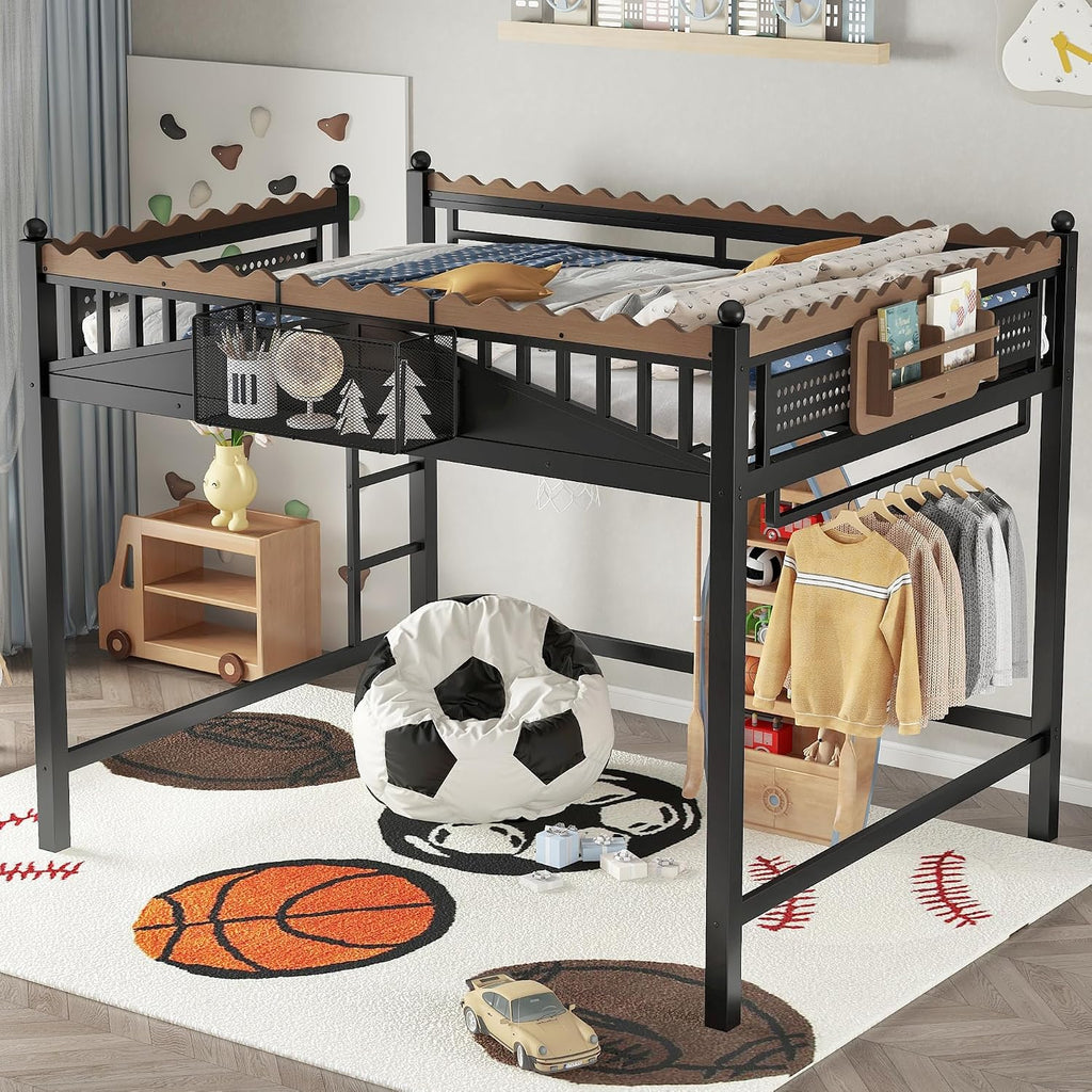 JIVOIT Metal Loft Bed with Built-in Storage Shelves and Bookshelf, Queen Size Metal Loft Bed with Safe Ladder & Guardrail, Space-Saving Loft Bed, No Box Spring Needed and Chic Design