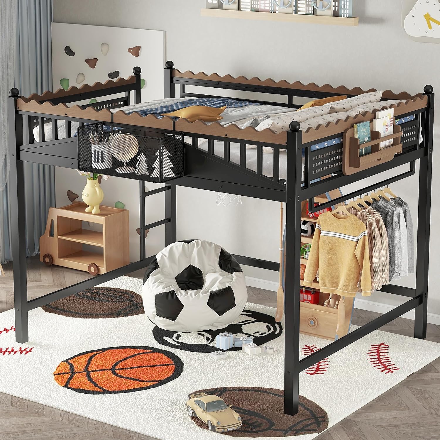 JIVOIT Metal Loft Bed with Built-in Storage Shelves and Bookshelf, Queen Size Metal Loft Bed with Safe Ladder & Guardrail, Space-Saving Loft Bed, No Box Spring Needed and Chic Design