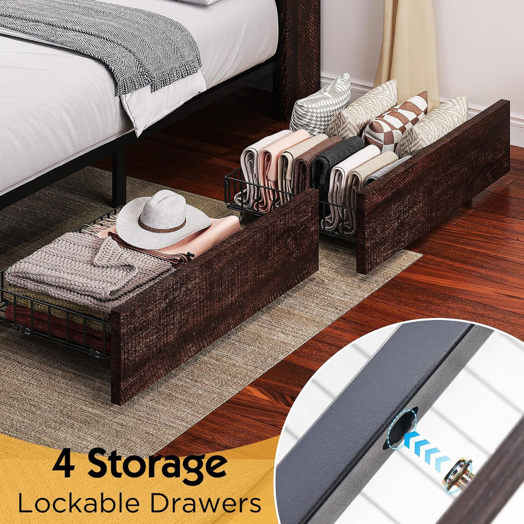 LUXOAK Twin Farmhouse Bed Frame with Bookcase Headboard and 4 Drawers, LED Storage Bed with Charging Station & Linen Upholstered, No Box Spring Needed, Reclaimed Barnwood