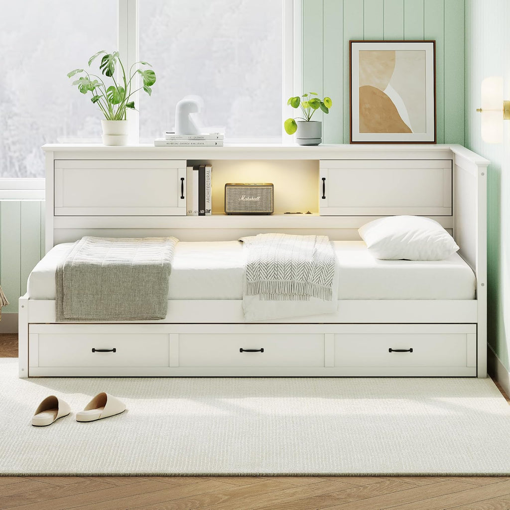 Twin Size L-Shaped Bed with Drawer and Bookcase, Multifunctional Corner Bed, Wooden Captain Bed Frame with Led Downlight and USB Port for Kids Teens Adults