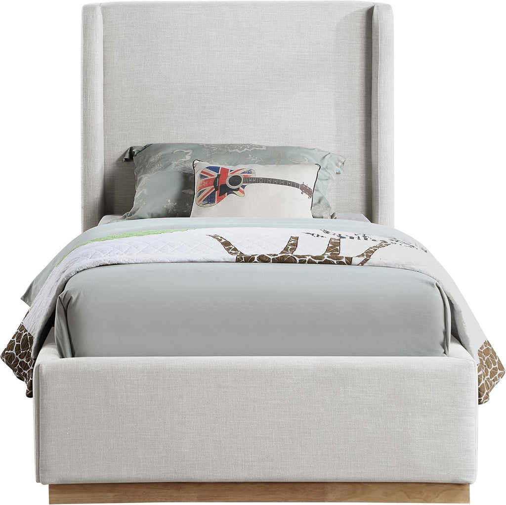 Meridian Furniture FlynnCream-T Flynn Collection Modern | Contemporary Twin Bed with Cream Linen Textured Fabric, Natural Finish Solid Wood Base, Wing Back, 43.5' W x 82.5' D x 52' H, Cream, Twin