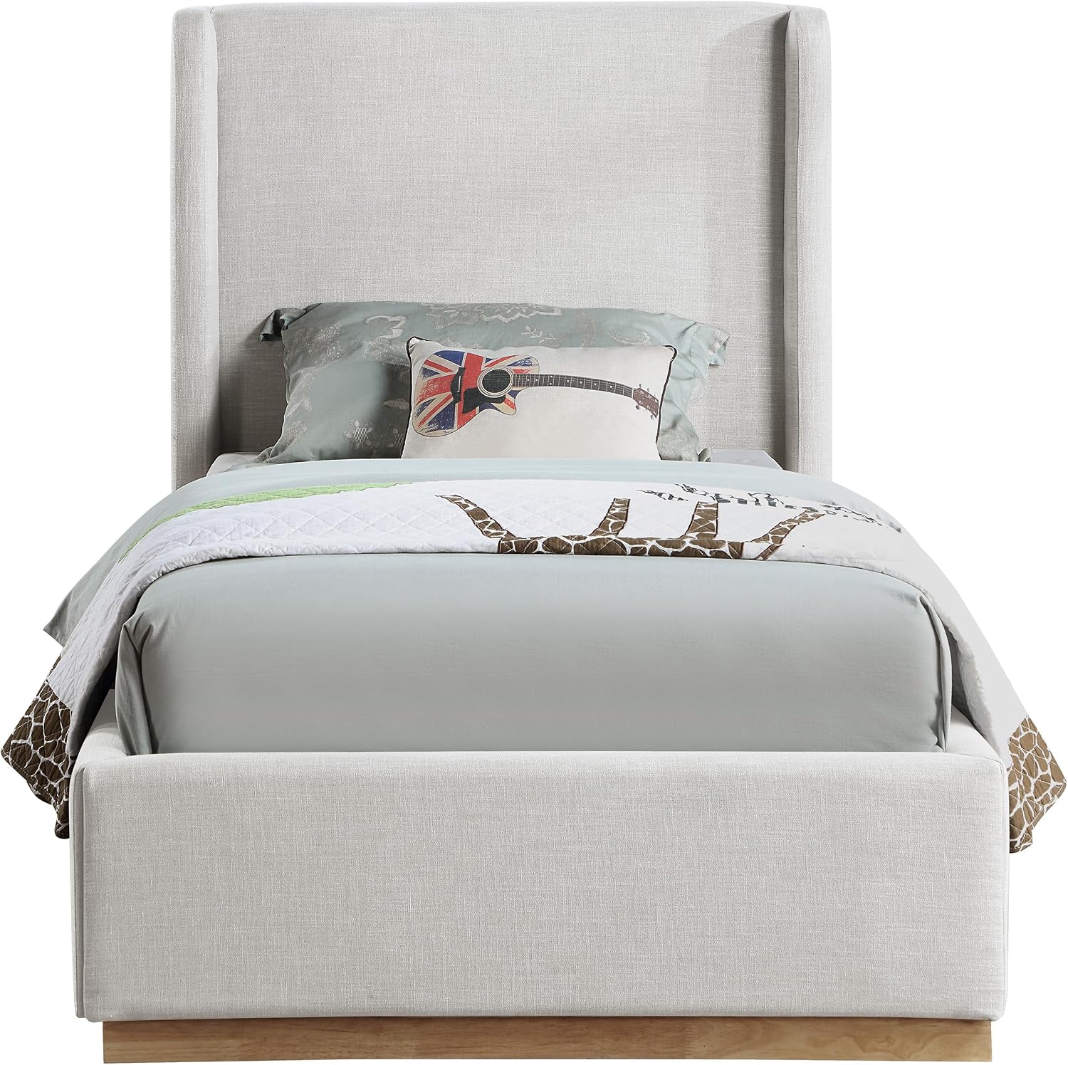 Meridian Furniture FlynnCream-T Flynn Collection Modern | Contemporary Twin Bed with Cream Linen Textured Fabric, Natural Finish Solid Wood Base, Wing Back, 43.5' W x 82.5' D x 52' H, Cream, Twin