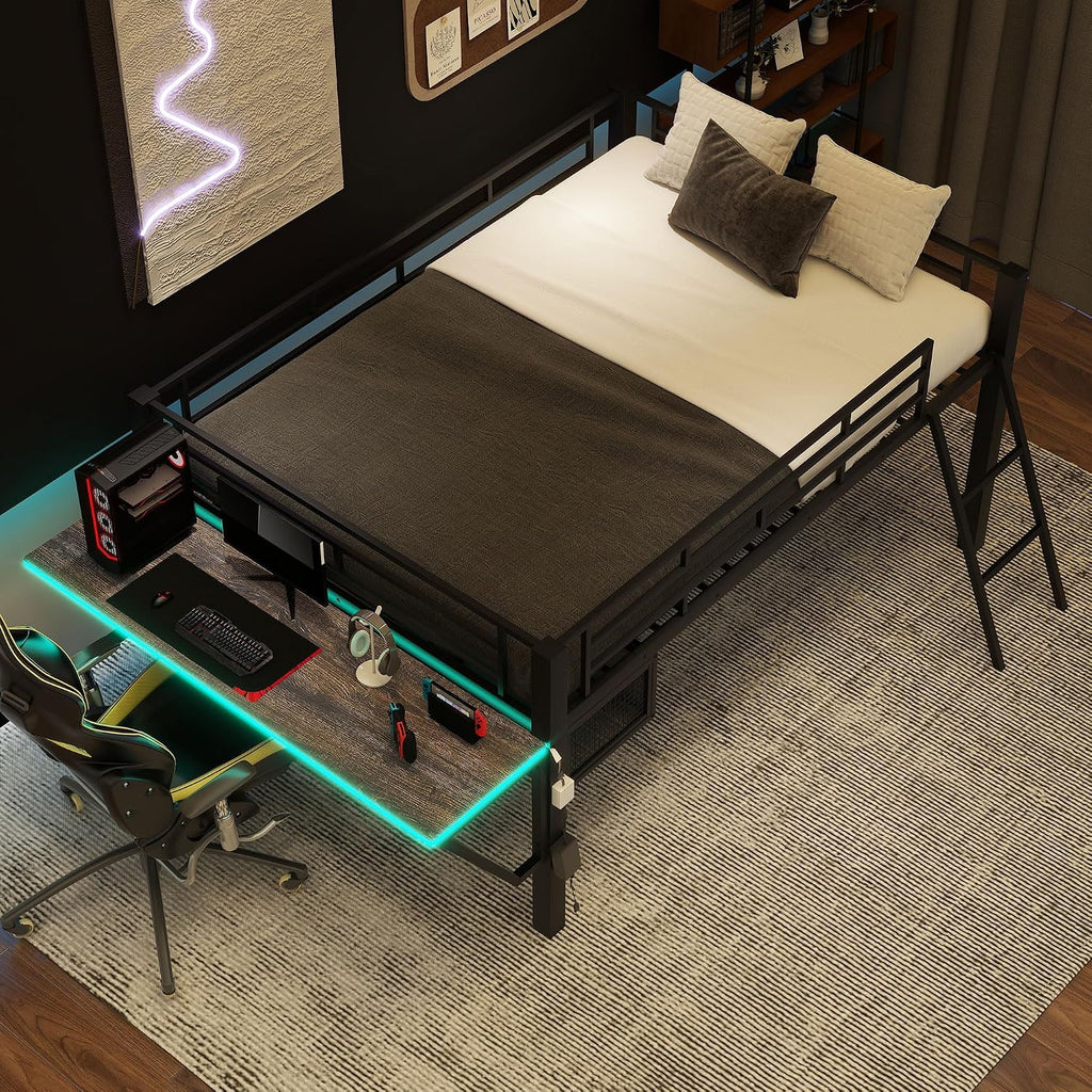 Modern Gaming Mid Loft Bed with Built-in LED Lights & Large Desk, High Sleeper Twin Size Bed with PC Gaming Setup for Teenagers, Space-Saving Furniture for Small Room (Black + Full)