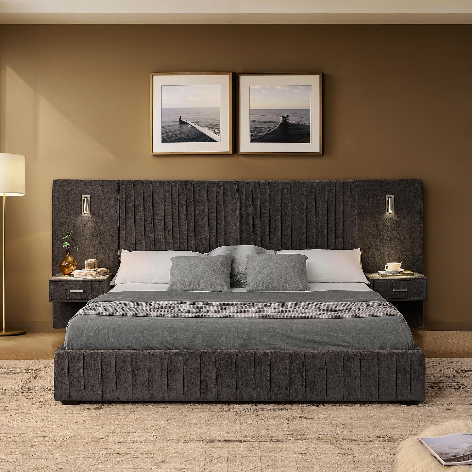 Merax Chenille Upholstered Queen Size Bed Frame with Wide Headboard and 2 Nightstands, Low Platform Bed Frame with Small Reading Lamp and Pleating Design for Adults, No Box Spring Needed, Dark Gray