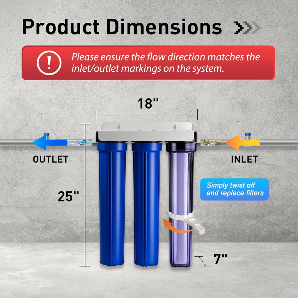 iSpring Whole House Water Filter System, Highly Reduces up to 99% Chlorine, Sediment, Taste, Odor, 3-Stage Water Filtration System w/Clear 1st-Stage Housing, Model: WCB32C, 3/4' Inlet/Outlet