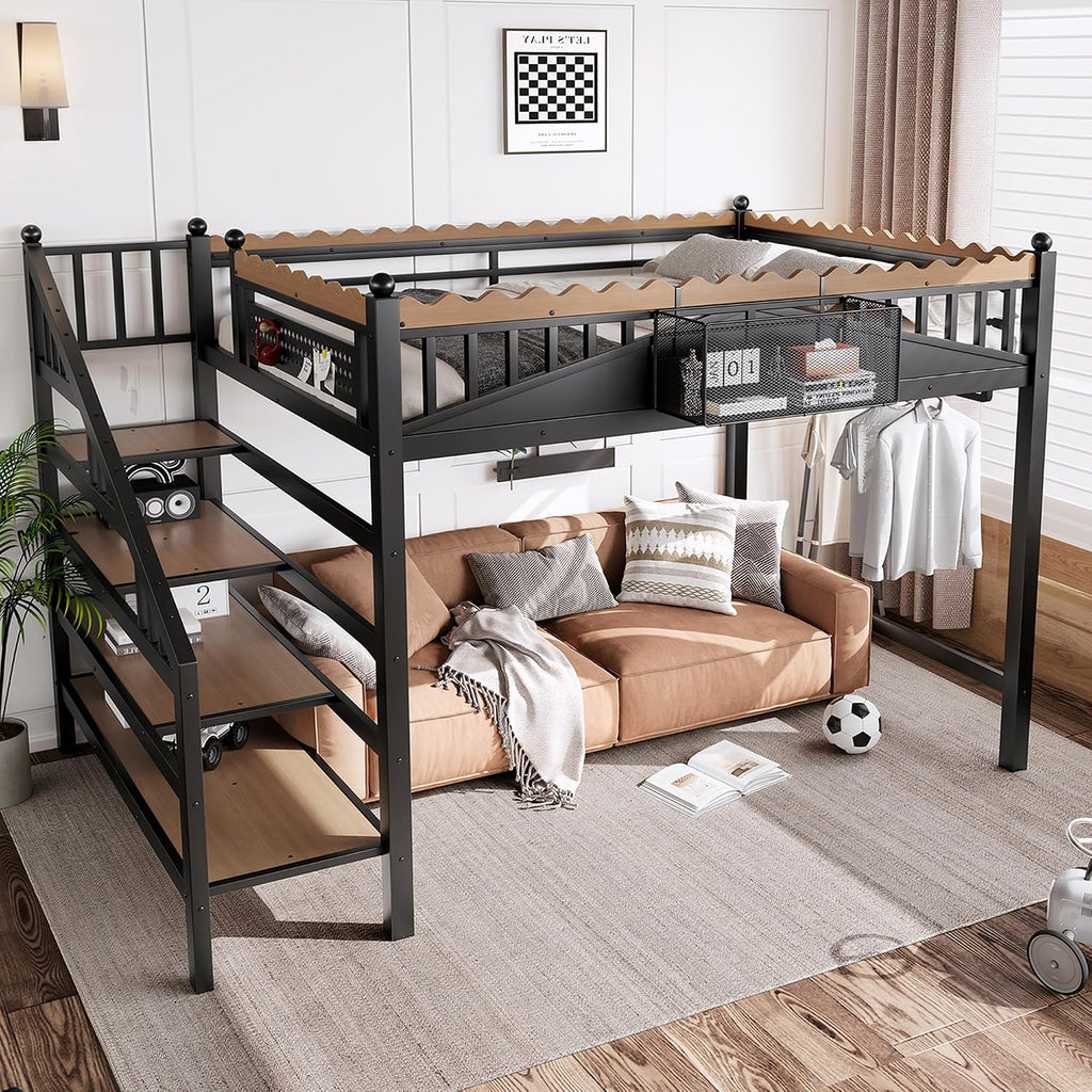 JIVOIT Full Size Metal Loft Bed Frame, Space-Saving Loft Bed with Storage Stairs, Storage Shelves and Bookshelf, Strong Support Slats, Perfect for Bedroom, Guest, Dorms