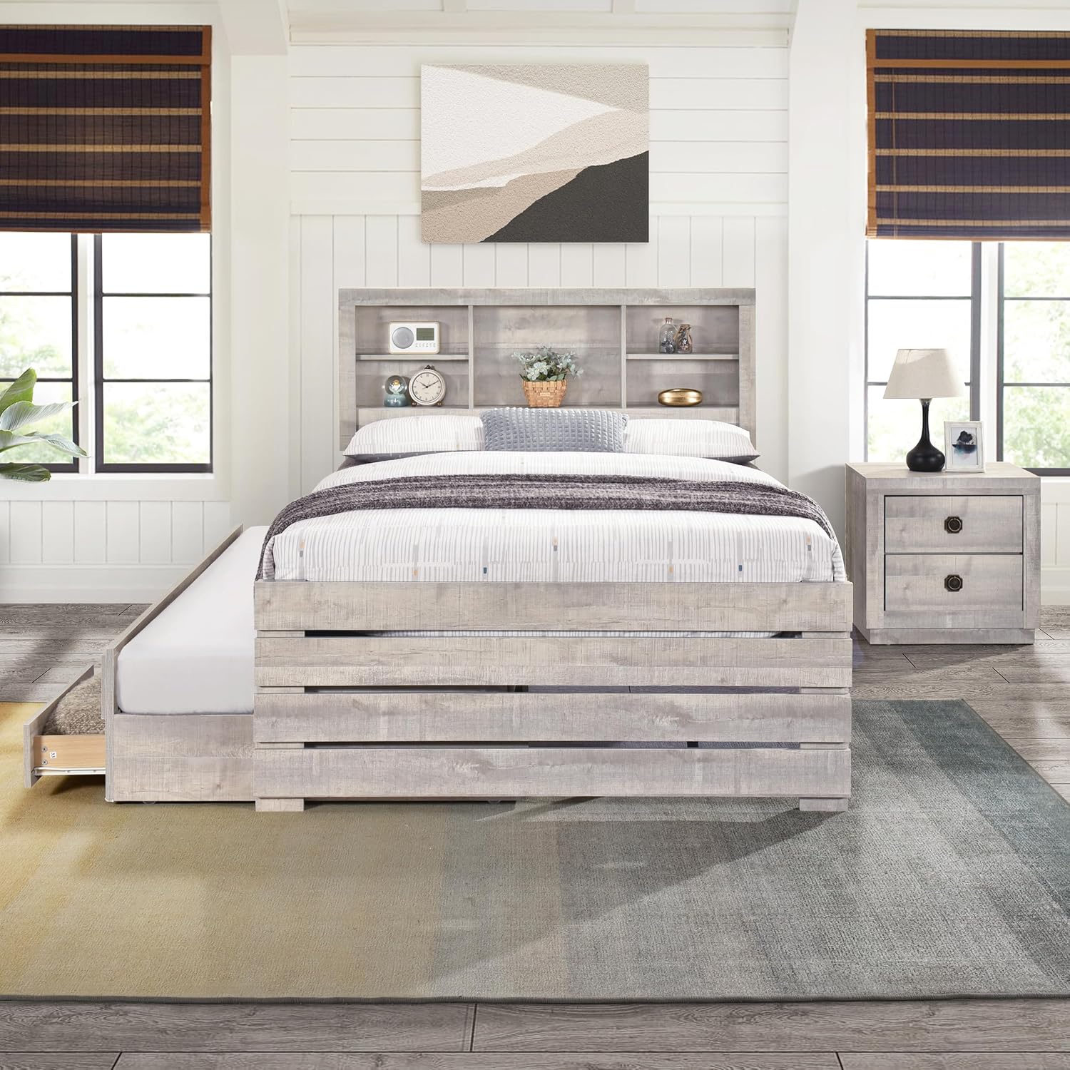 GOWE 2 Pieces Bedroom Sets Farmhouse Style Twin Size Bookcase Captain Bed and Nightstand, Rustic White