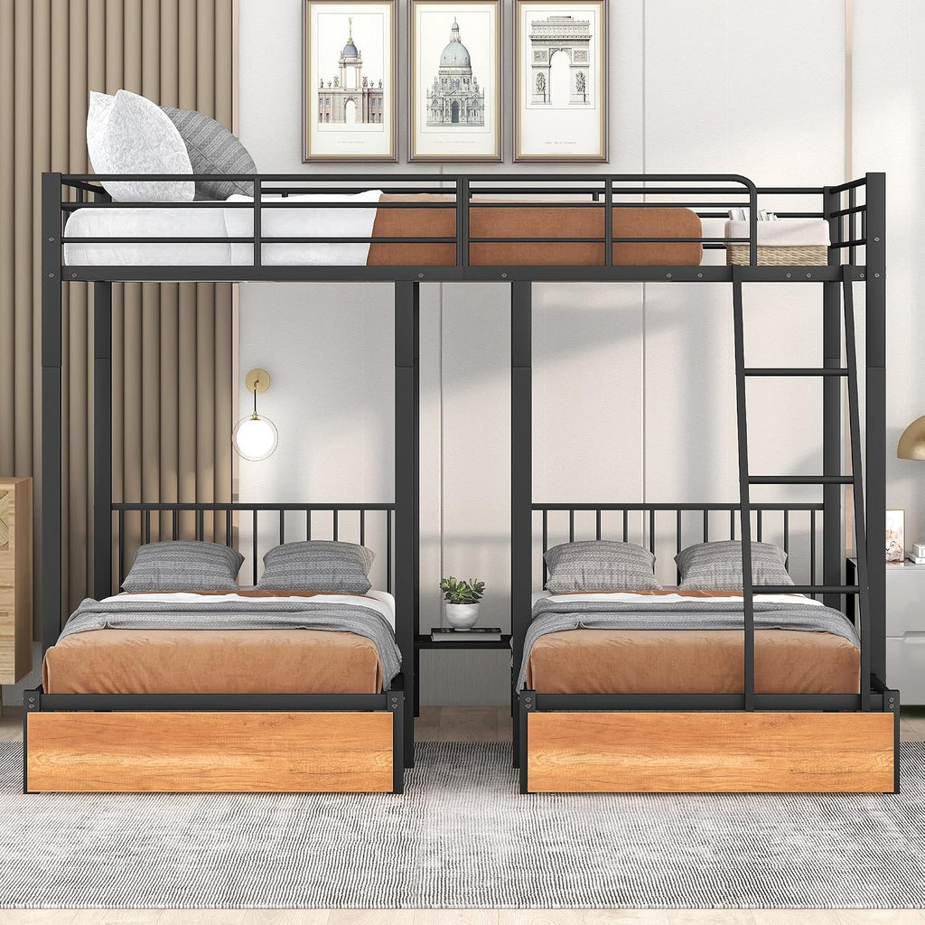 DEINPPA Triple Bunk Bed with Drawers, Can Be Separated into 3 Beds, Full Over Twin & Twin Bunk Bed,Metal Bed for Adult Kids Student Dormitory Bedroom Furniture Set, Black