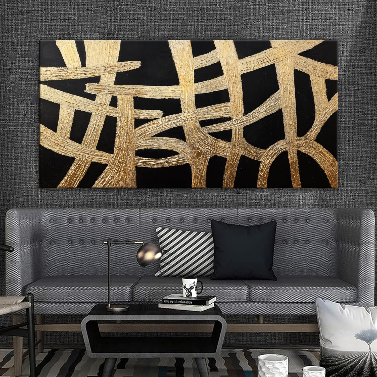 Abstract Wall Art Paintings Wall Decor Large Canvas Wall Art Decor Black And Gold Lines Texture Wall Art Decor Artwork Modern Minimalist Wall Art For Living Room Bedroom Office Wall Decor 29'X58'
