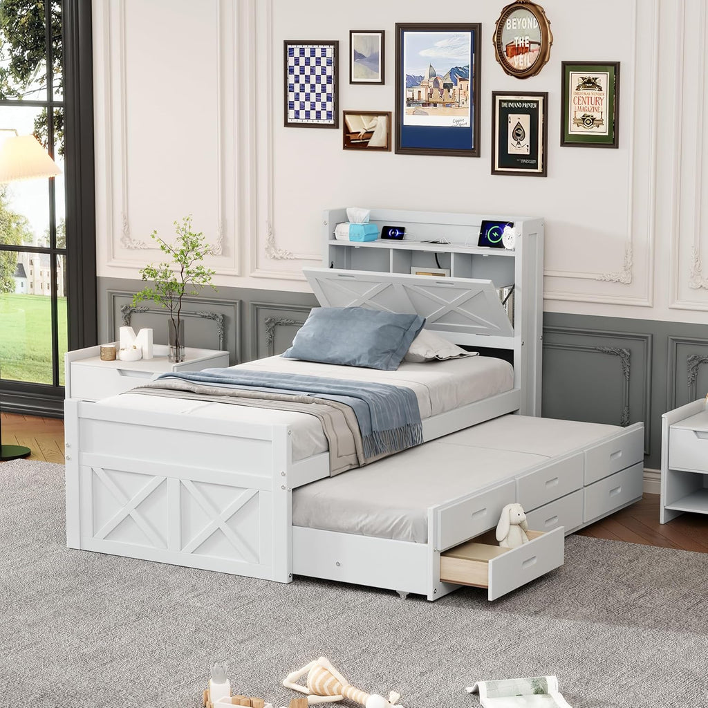 Twin Size Captain Wooden Bed Frame with Storage Headboard & Outlets | Extendable Platform Bed with Twin Trundle & 3 Storage Drawers | Modern Farmhouse Bedroom Furniture Set (White, Twin)