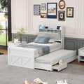 Twin Size Captain Wooden Bed Frame with Storage Headboard & Outlets | Extendable Platform Bed with Twin Trundle & 3 Storage Drawers | Modern Farmhouse Bedroom Furniture Set (White, Twin)