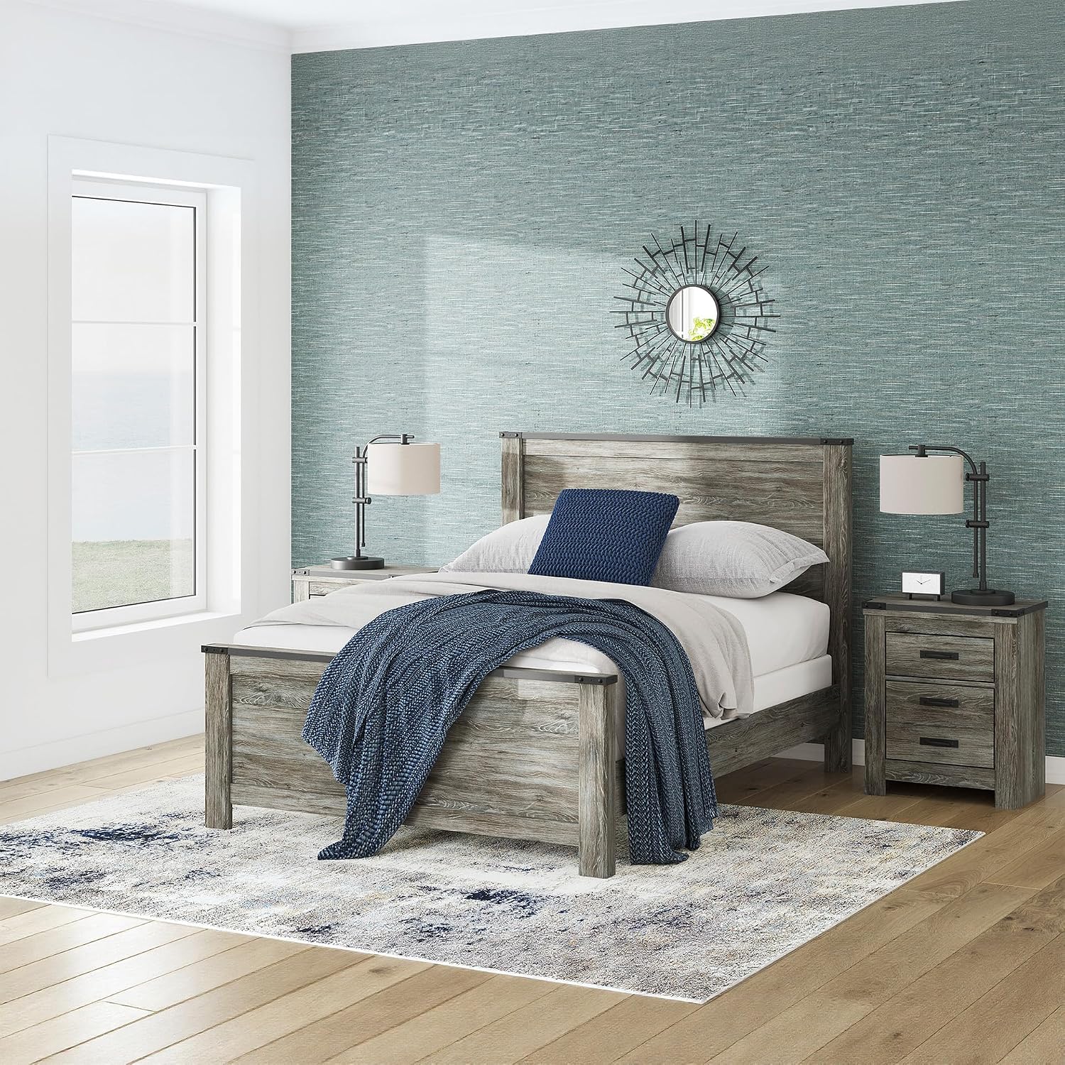 Signature Design by Ashley Frandern Industrial Panel Bed with Nailhead Accents, Foundation or Box Spring Needed, Queen, Gray