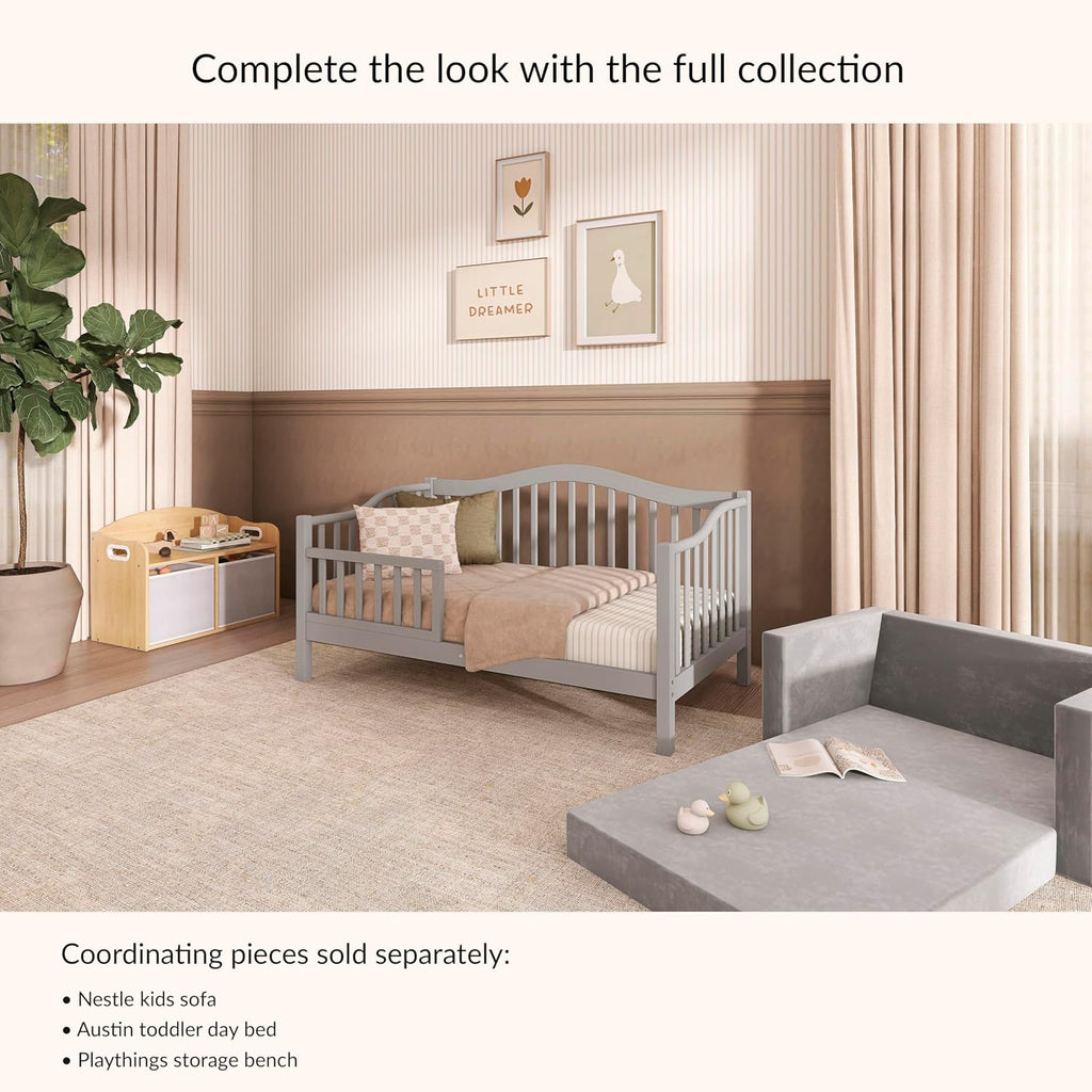 Dream On Me Austin Toddler Day Bed with Rails in Pebble Grey, Low to Floor Toddler Day Bed, Greenguard Gold & Baby Safety Alliance Certified, Non-Toxic Finishes, Side Safety Guard Rail