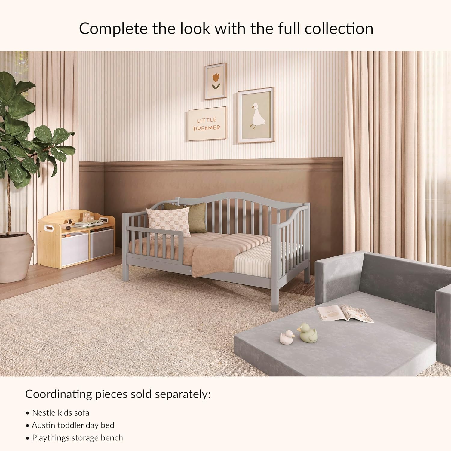 Dream On Me Austin Toddler Day Bed with Rails in Pebble Grey, Low to Floor Toddler Day Bed, Greenguard Gold & Baby Safety Alliance Certified, Non-Toxic Finishes, Side Safety Guard Rail