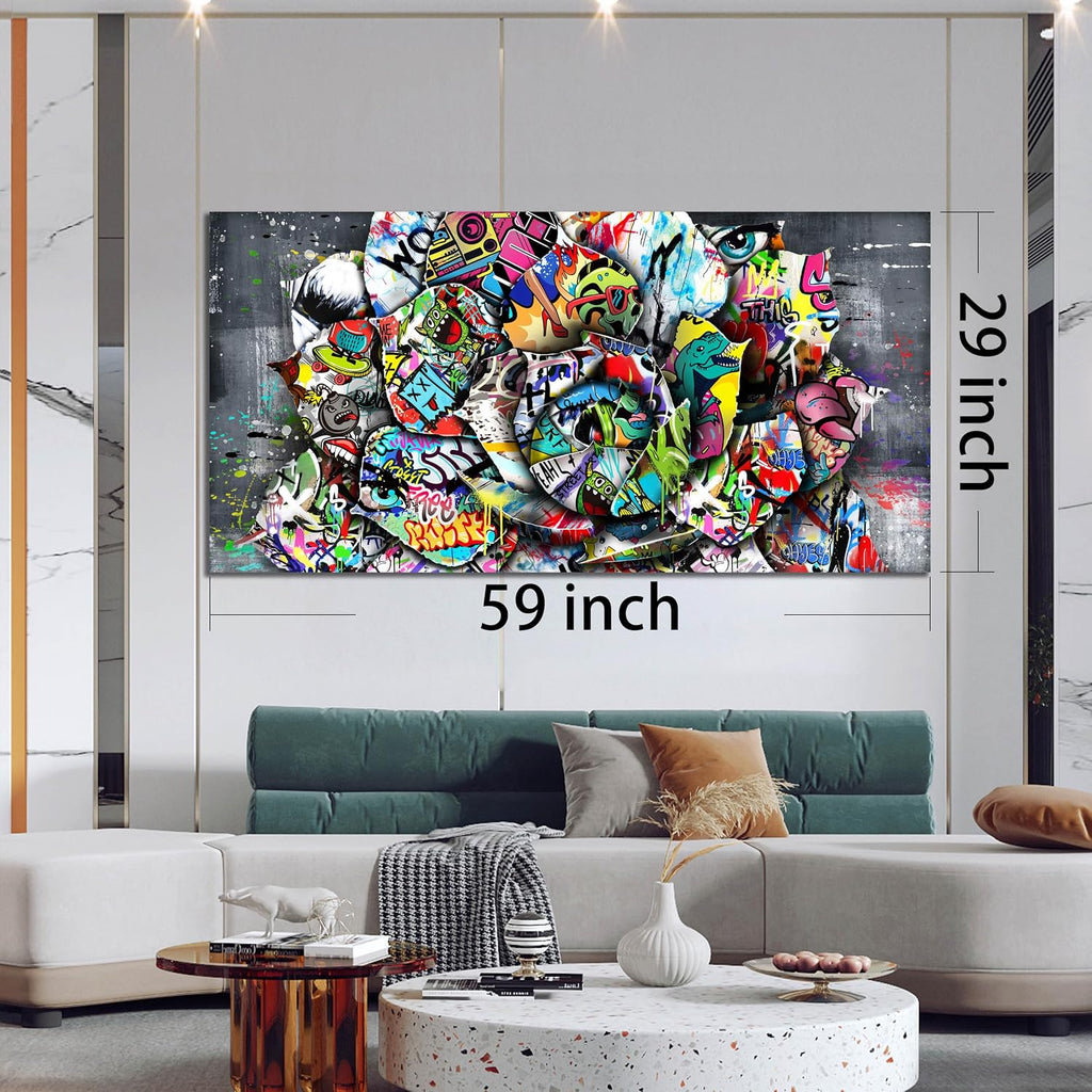 SIXTTART Flower Pictures Wall-Decor - Banksy Street Wall Art - Large Abstract Canvas Wall Art Ready To Hang Size 59' x 29'