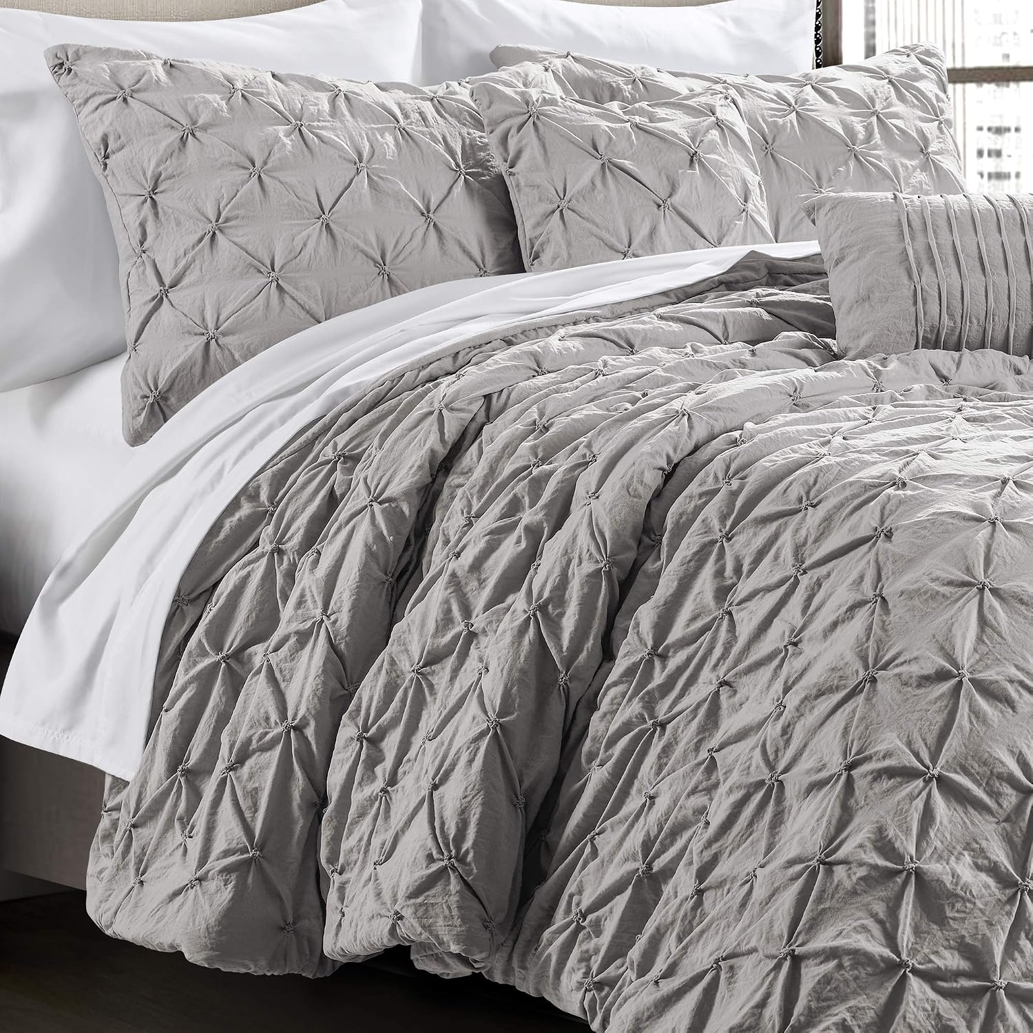 Lush Decor Ravello Pintuck Comforter Set - Luxe 5 Piece Textured Bedding Set - Traditional Glam & Farmhouse Inspired Bedroom Decor - King, Light Gray
