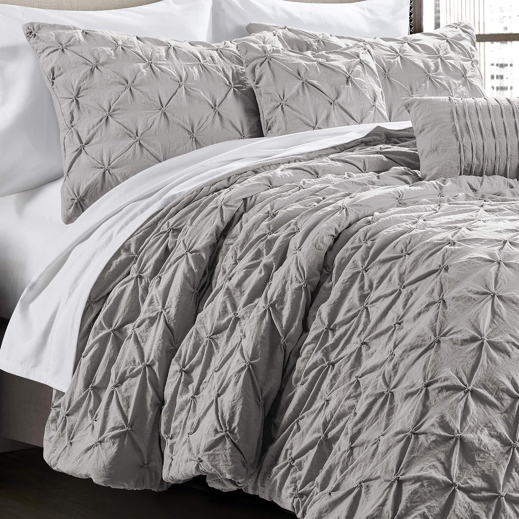 Lush Decor Ravello Pintuck Comforter Set - Luxe 5 Piece Textured Bedding Set - Traditional Glam & Farmhouse Inspired Bedroom Decor - Full/ Queen, Light Gray