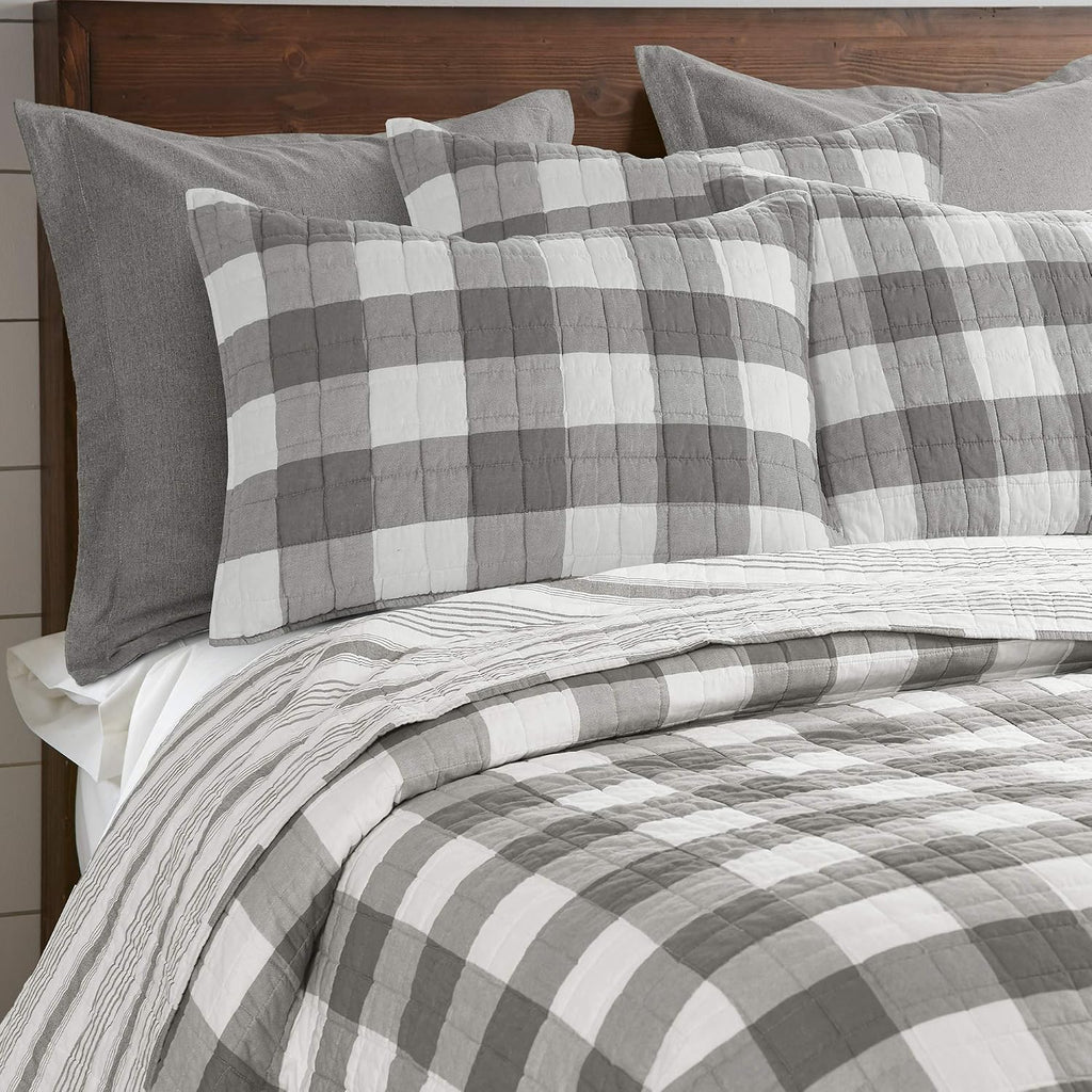 Levtex Home - Camden Bedspread Set - Full (96 x 110 in.) + Two Standard Pillow Shams (26 x20 in.) - Buffalo Check in Grey and Cream - Reversible Pattern - Cotton