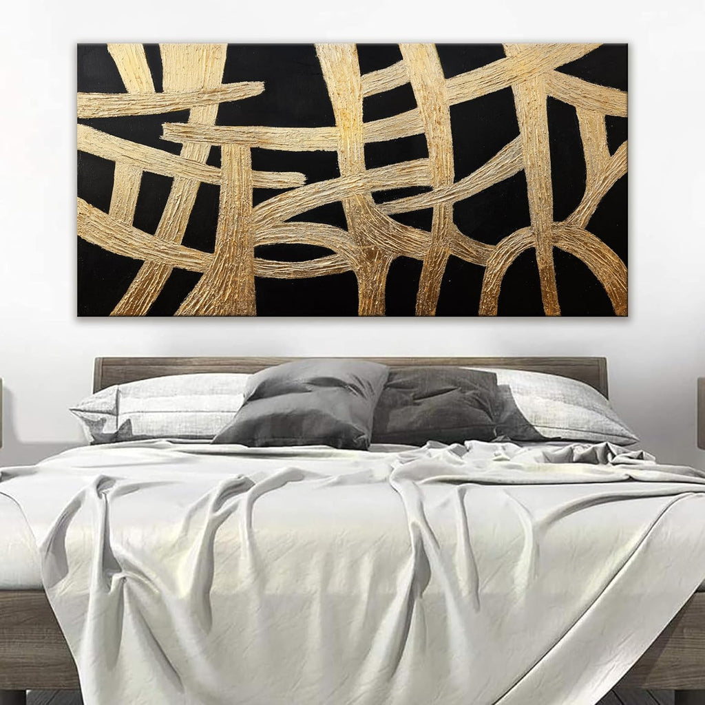 Abstract Wall Art Paintings Wall Decor Large Canvas Wall Art Decor Black And Gold Lines Texture Wall Art Decor Artwork Modern Minimalist Wall Art For Living Room Bedroom Office Wall Decor 29'X58'