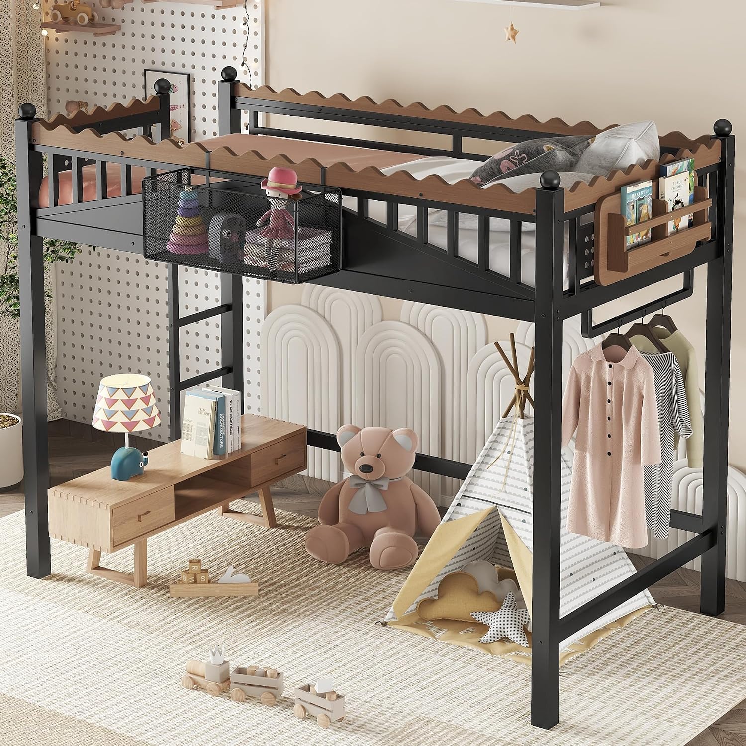JIVOIT Metal Loft Bed with Built-in Storage Shelves and Bookshelf, Twin XL Size Metal Loft Bed with Safe Ladder & Guardrail, Space-Saving Loft Bed, No Box Spring Needed and Chic Design