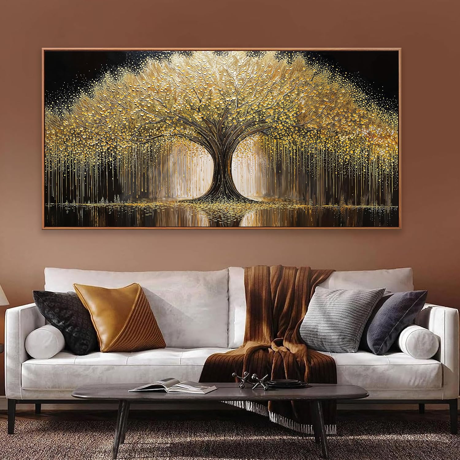 Framed Large Golden Tree Of Life Wall Art Decor Modern Room Wall Decor Ready To Hang Large Framed Wall Art For Living Room Kitchen Office Bedroom Canvas Prints Decor 29.5x58 Inch