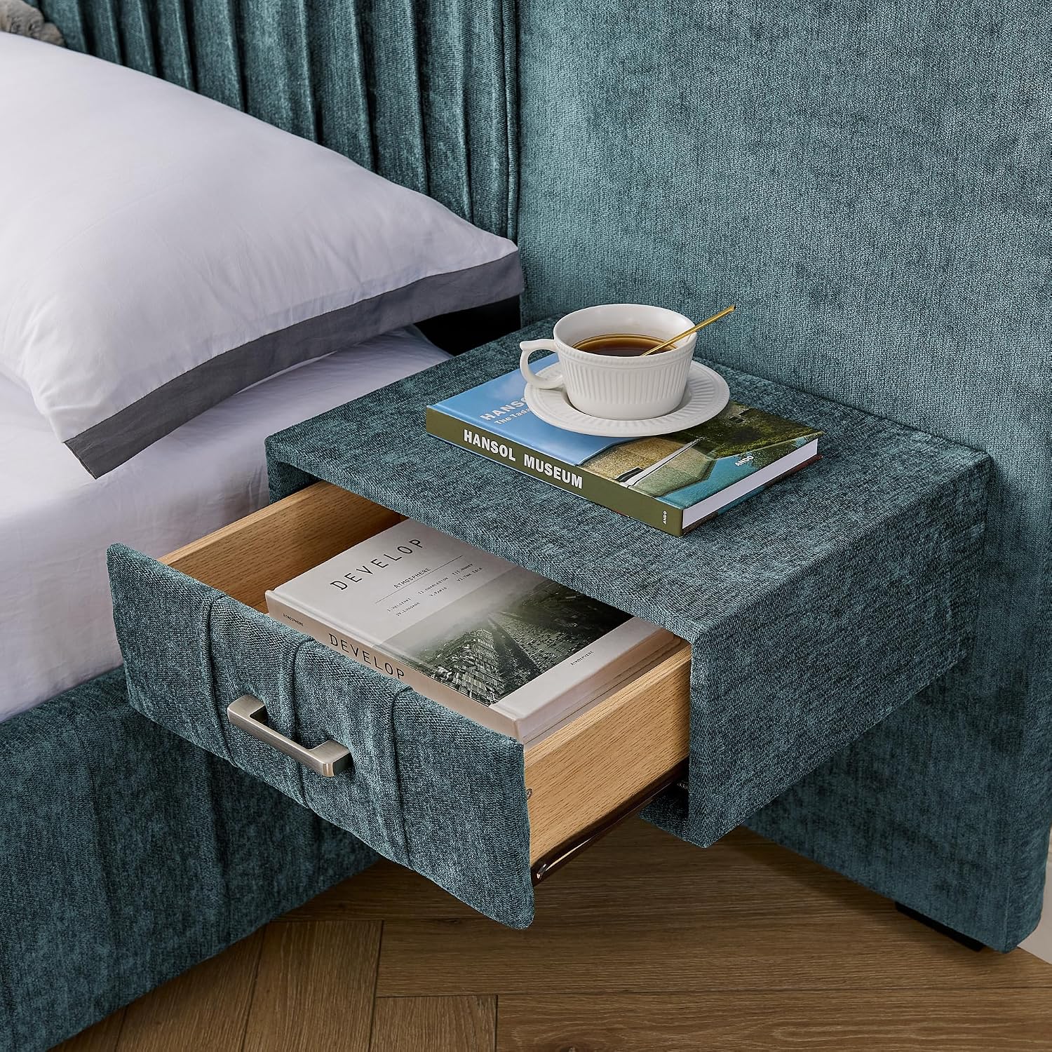 Merax Chenille Upholstered King Size Bed Frame with Wide Headboard and 2 Nightstands, Low Platform Bed Frame with Small Reading Lamp and Pleating Design for Adults, No Box Spring Needed, Blue Green