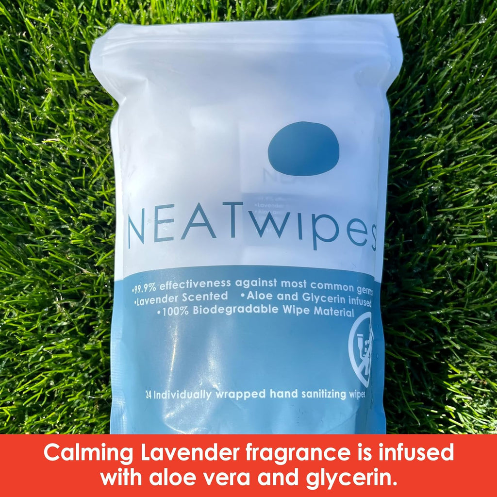 NEATwipes Hand Sanitizing Wipes | Travel Essentials | Disposable Wet Wipe & Planet Friendly | Lavender Essential Oil & Soothing Aloe | 10 Pouches of 24 Individually Wrapped Wipes