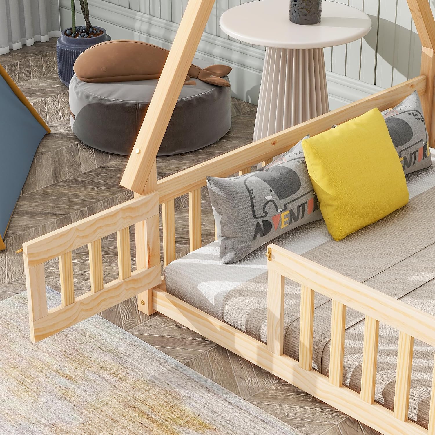 Full Size Tent-Shaped Floor Bed with Door, House Platform Bed Tent Bed Frame with Fence-Shaped Guardrails and Wood Slats Support, Wood Floor Play House Bed for Kids Boys Girls Teens (Natural,2)
