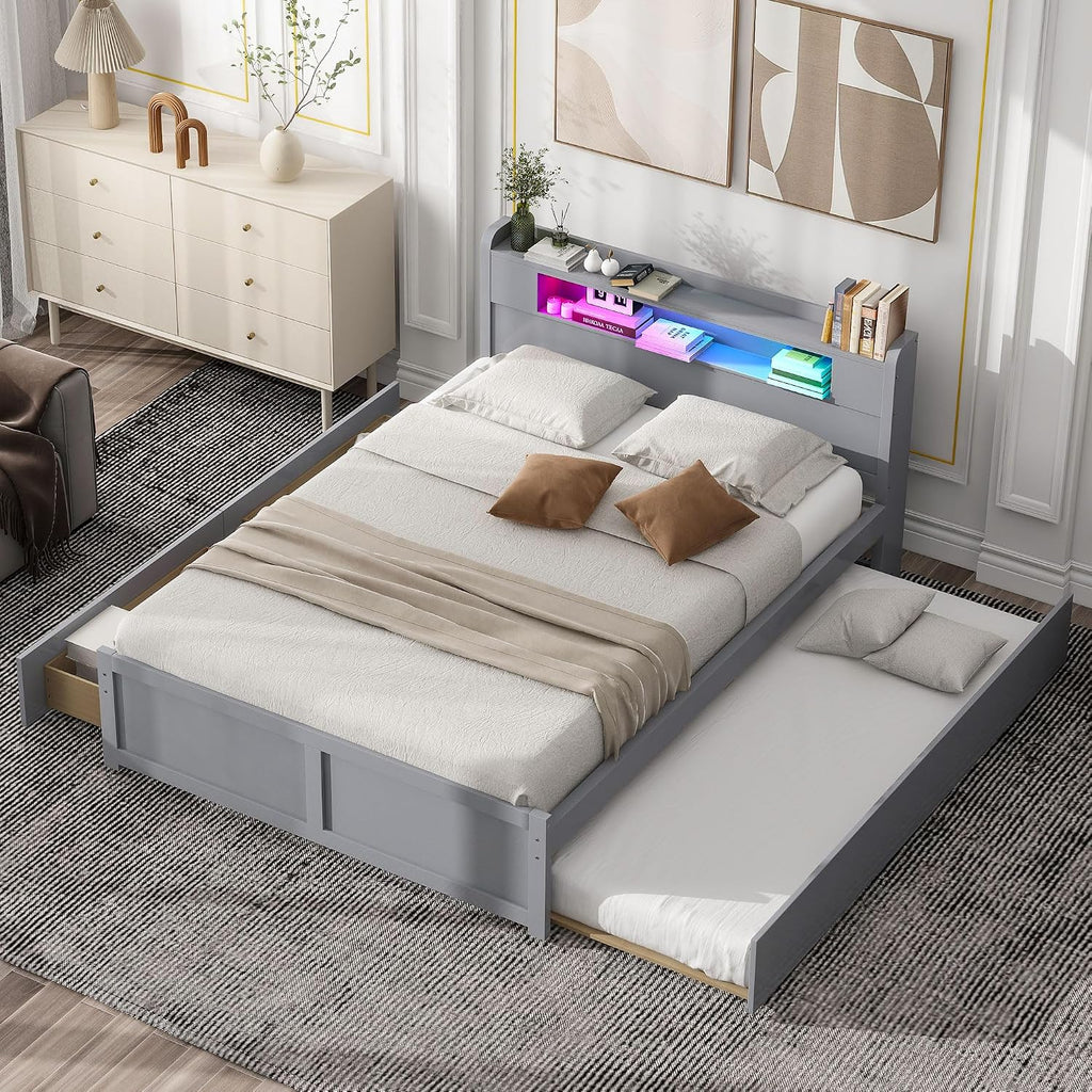 Merax Queen Size Platform Bed Frame with 2 Drawers and Twin Size Trundle, Gray Queen Bed Frame with Headboard, No Box Spring Needed