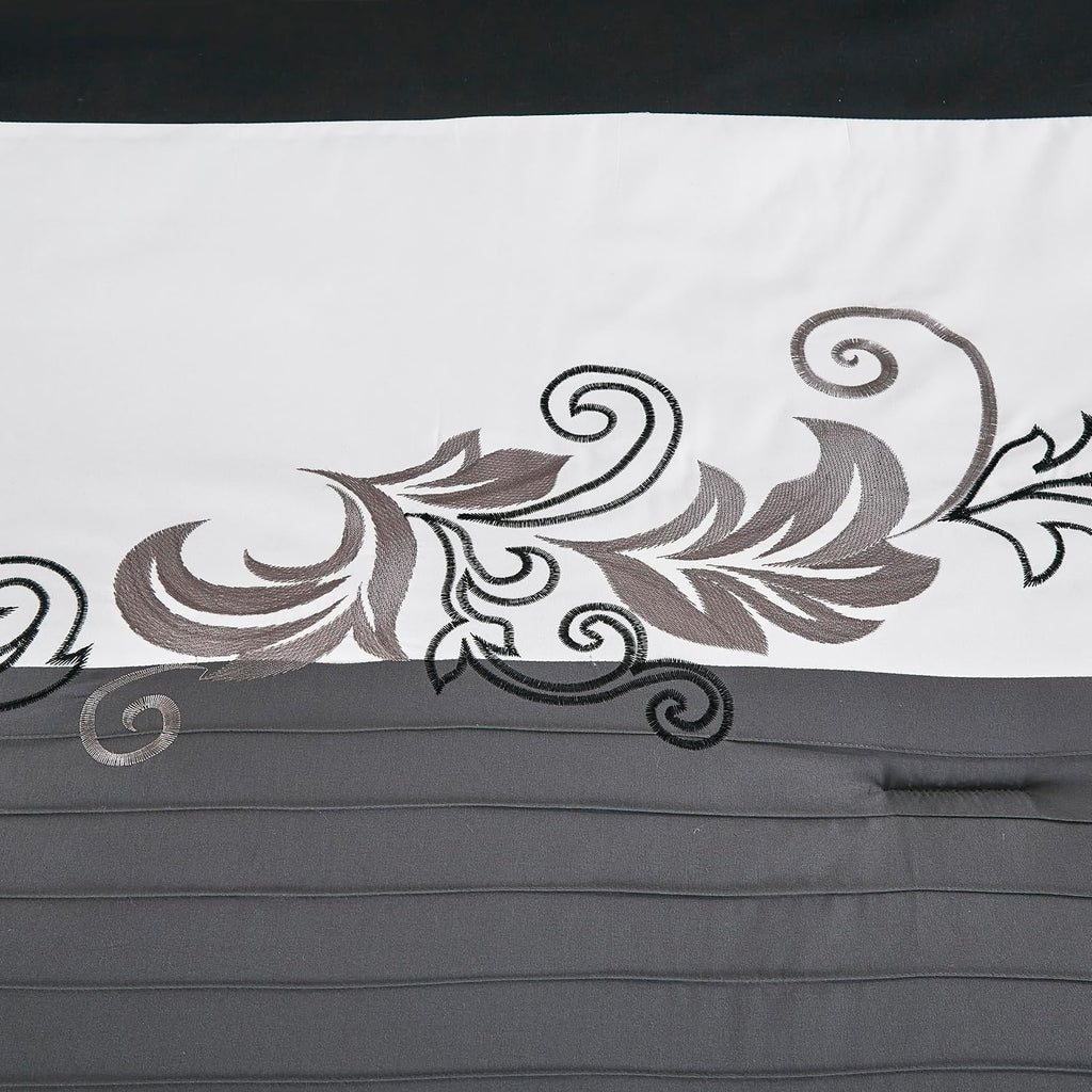 Chezmoi Collection Napa 7-Piece Luxury Leaves Scroll Embroidery Bedding Comforter Set (California King, Black/Gray/White)