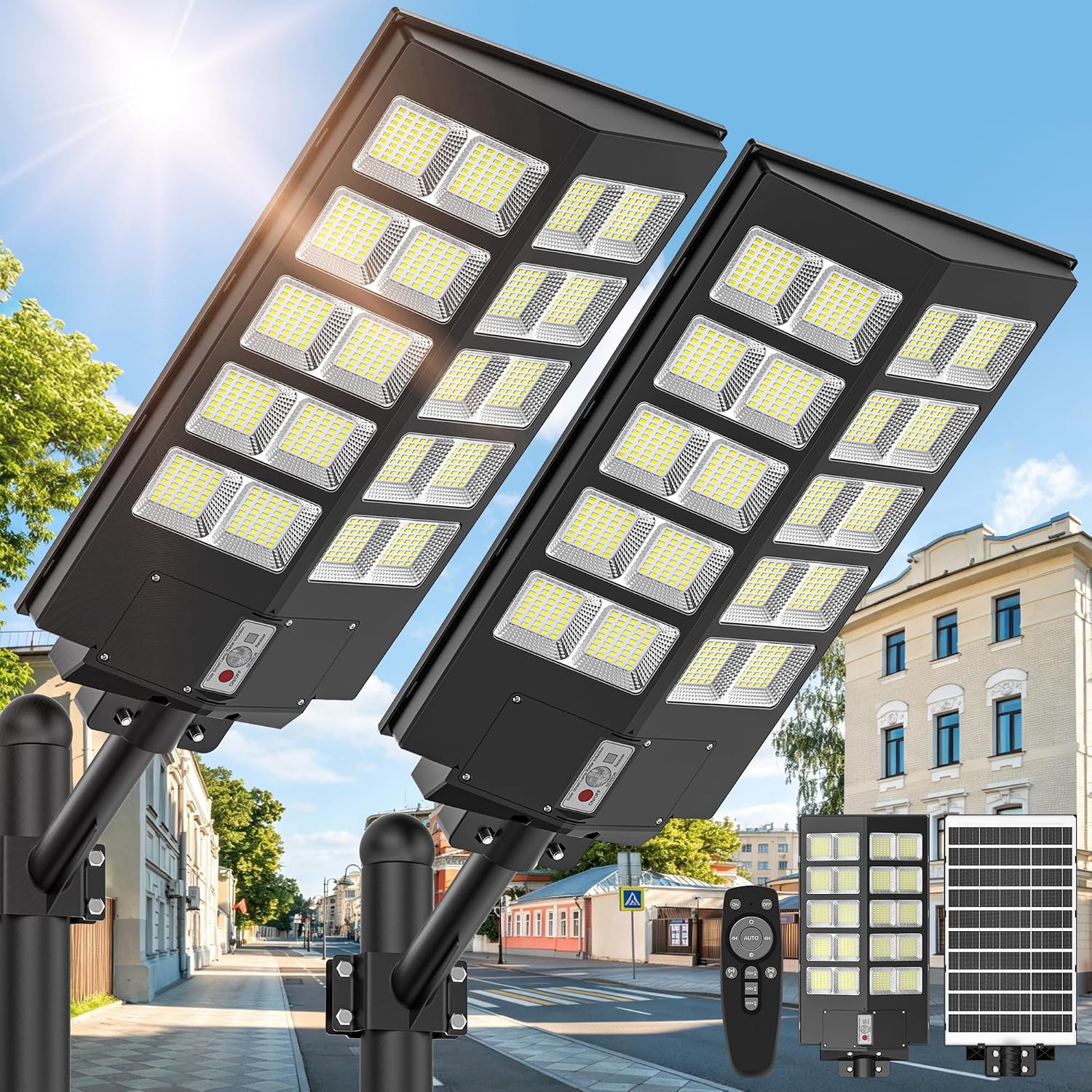 WYWNA 9000W Solar Street Light Outdoor, 8000K Motion Sensor Solar Lights with Remote, IP66 Waterproof Security Light, 350° Wide Angle, Dusk to Dawn for Parking Lot Yard Farm (2)