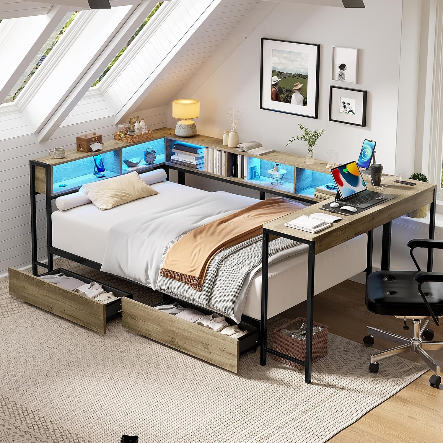 TTK Twin Size Corner Bed Frame with LED Lights, Bookcase Headboard, 2 Storage Drawers, Charging Station & Hutch Desk – Modern Metal Daybed for Bedroom, Guest Room or Living Room, Brown (Twin)