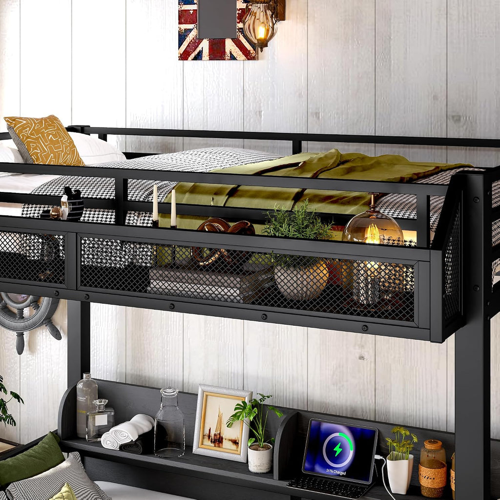 LUMISOL Twin Black Metal Bunk Bed with Storage Shelves and Drawers, Space-Saving Bunk Bed with Lights and USB Ports, Lower Bunkbed Can be Converted Sofa, Muti-Function & Noise-Free