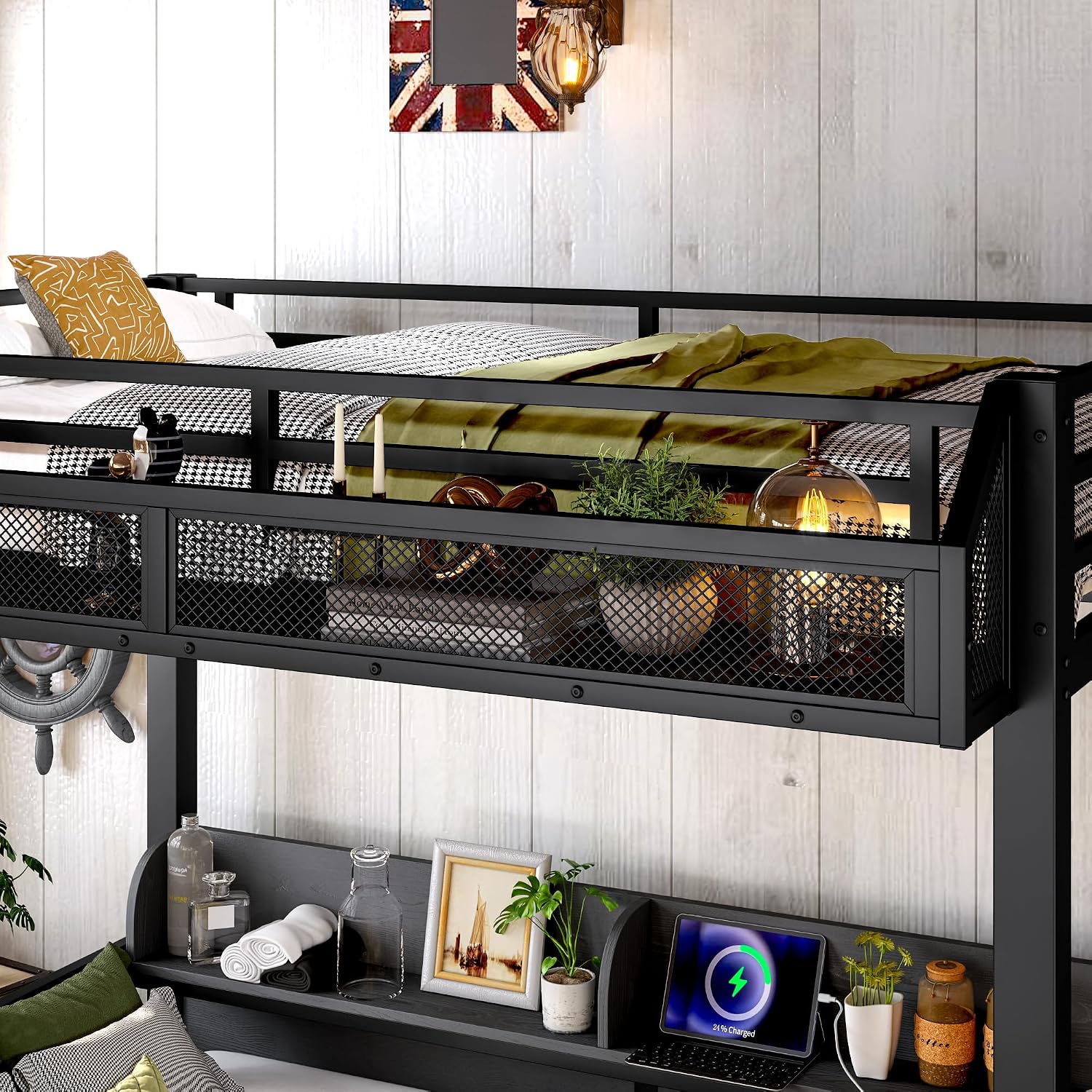 LUMISOL Twin Black Metal Bunk Bed with Storage Shelves and Drawers, Space-Saving Bunk Bed with Lights and USB Ports, Lower Bunkbed Can be Converted Sofa, Muti-Function & Noise-Free