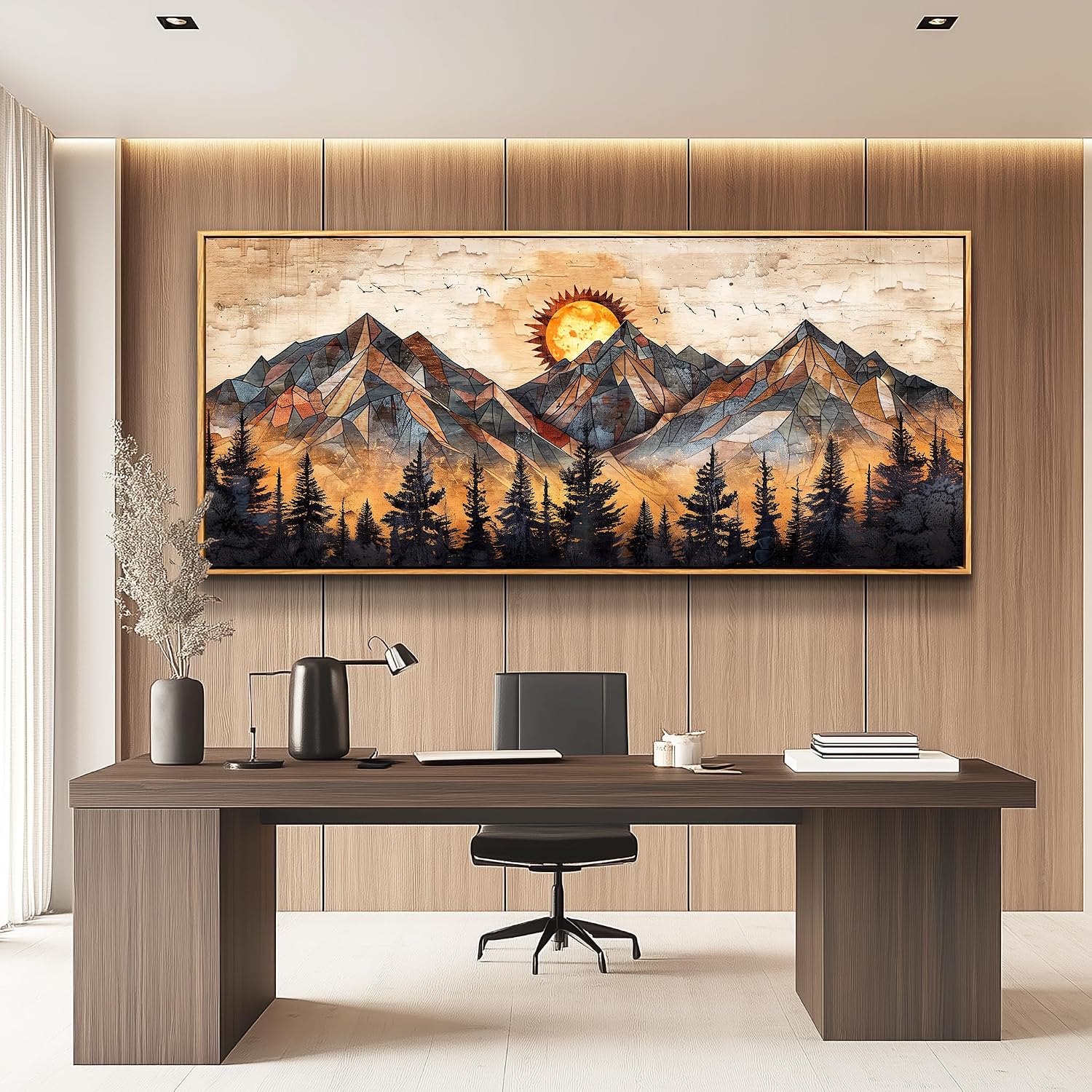 ZUITINGHUA Wood Framed Wall Art For Living Room Canvas Wall Decor For Bedroom Office Decorations Abstract Boho Paintings Mountain Landscape Pictures Modern Home Decor Artwork 32x72 In