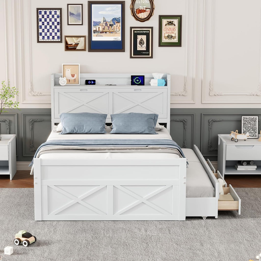 Full Size Captain Wooden Bed Frame with Storage Headboard & Outlets | Extendable Platform Bed with Twin Trundle & 3 Storage Drawers | Modern Farmhouse Bedroom Furniture Set (White, Full)