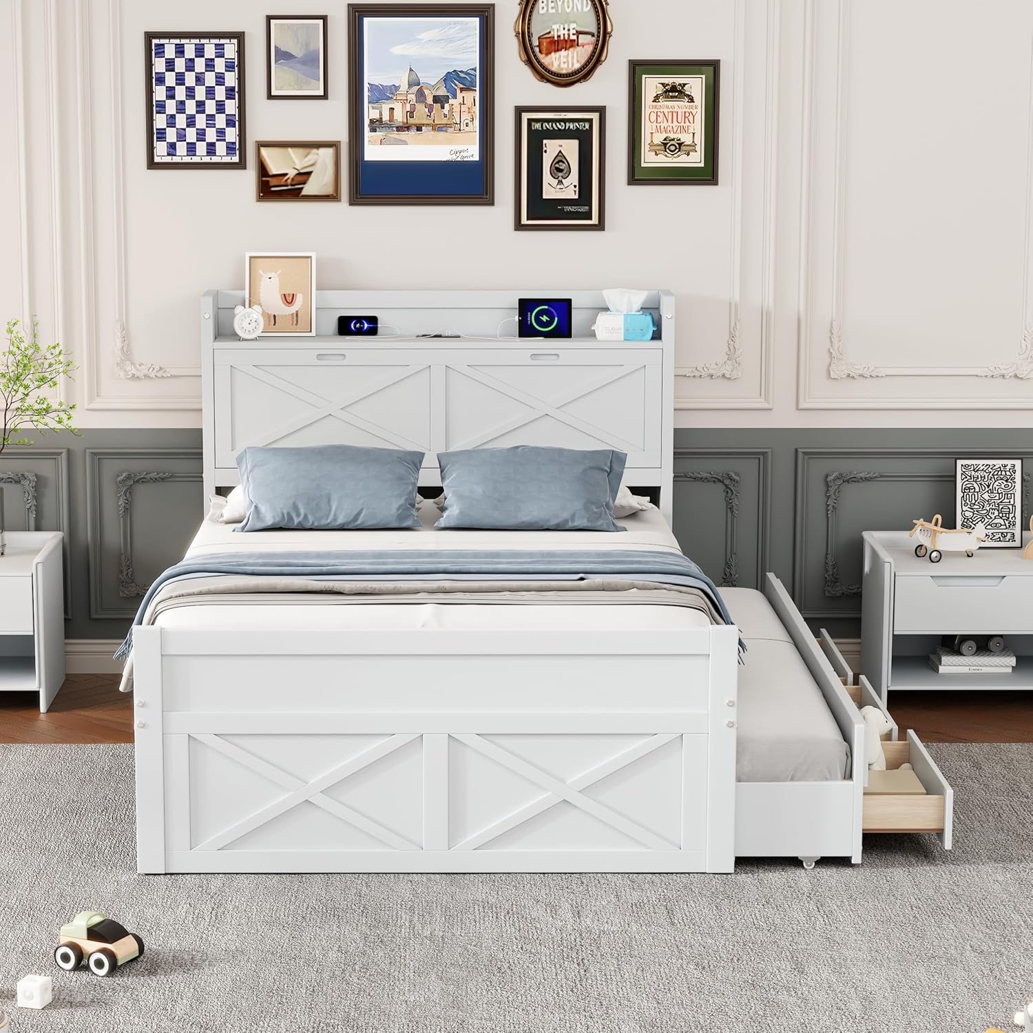 Full Size Captain Wooden Bed Frame with Storage Headboard & Outlets | Extendable Platform Bed with Twin Trundle & 3 Storage Drawers | Modern Farmhouse Bedroom Furniture Set (White, Full)