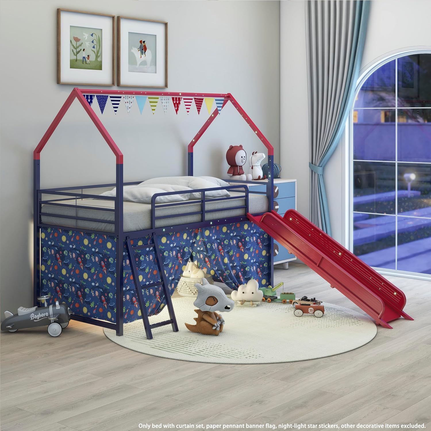 Jack Metal Junior House Twin Loft Bed with Slide and Curtain Set, Navy Blue and Red, 76.7' L x 97.8' W x 74.7' H