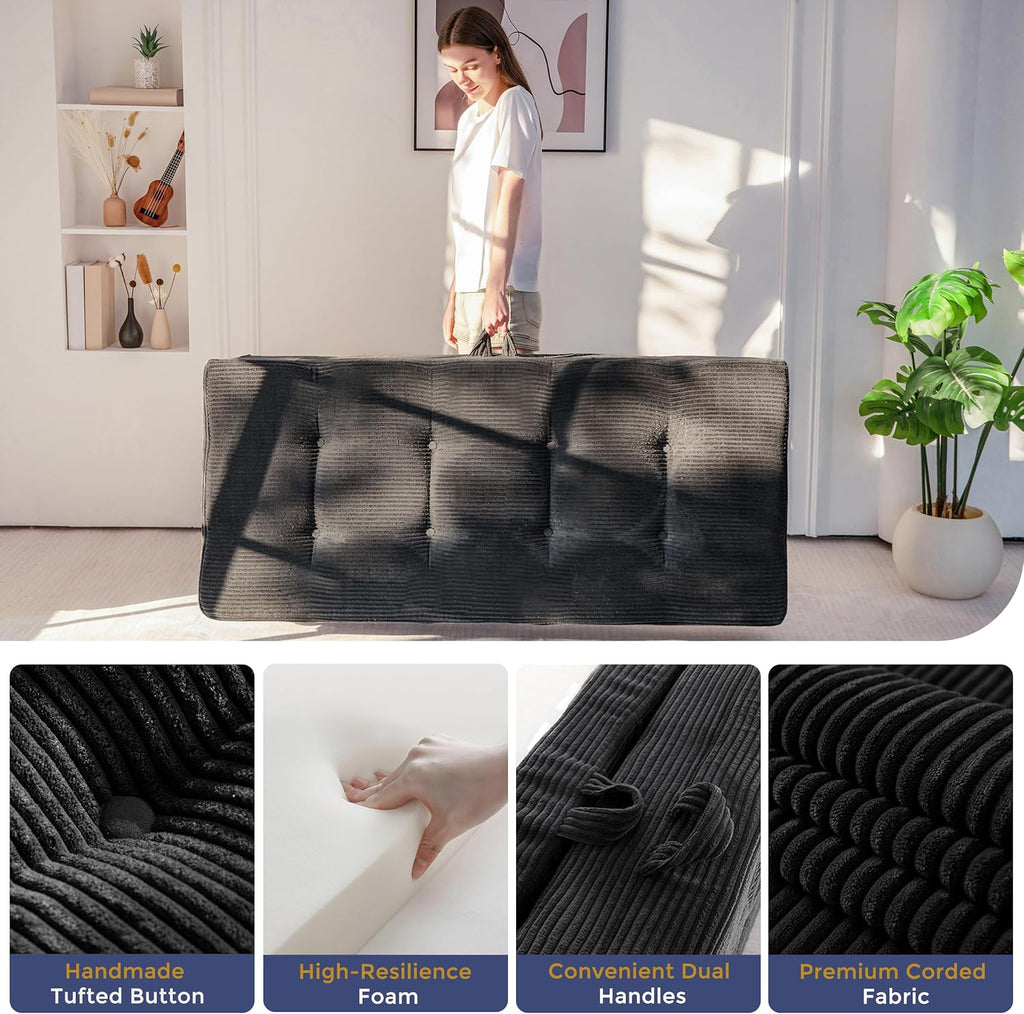 MAXYOYO Foldable Sofa Couch Bed, 4 Inch Tufted Folding Mattress, Portable Floor Couch with Handles Guest Bed Topper Portable Camping Mat with Corded Fabric, Full Size, Black