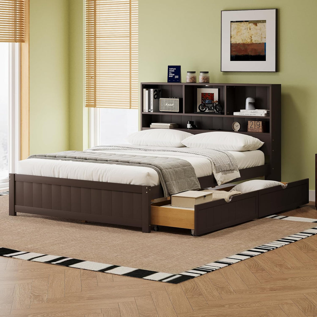 LUMISOL Twin Bed Frames with Charging Station and LED Lights, Wood Platform Bed with Bookcase Headboard and 2 Drawers, No Box Spring Needed, Espresso