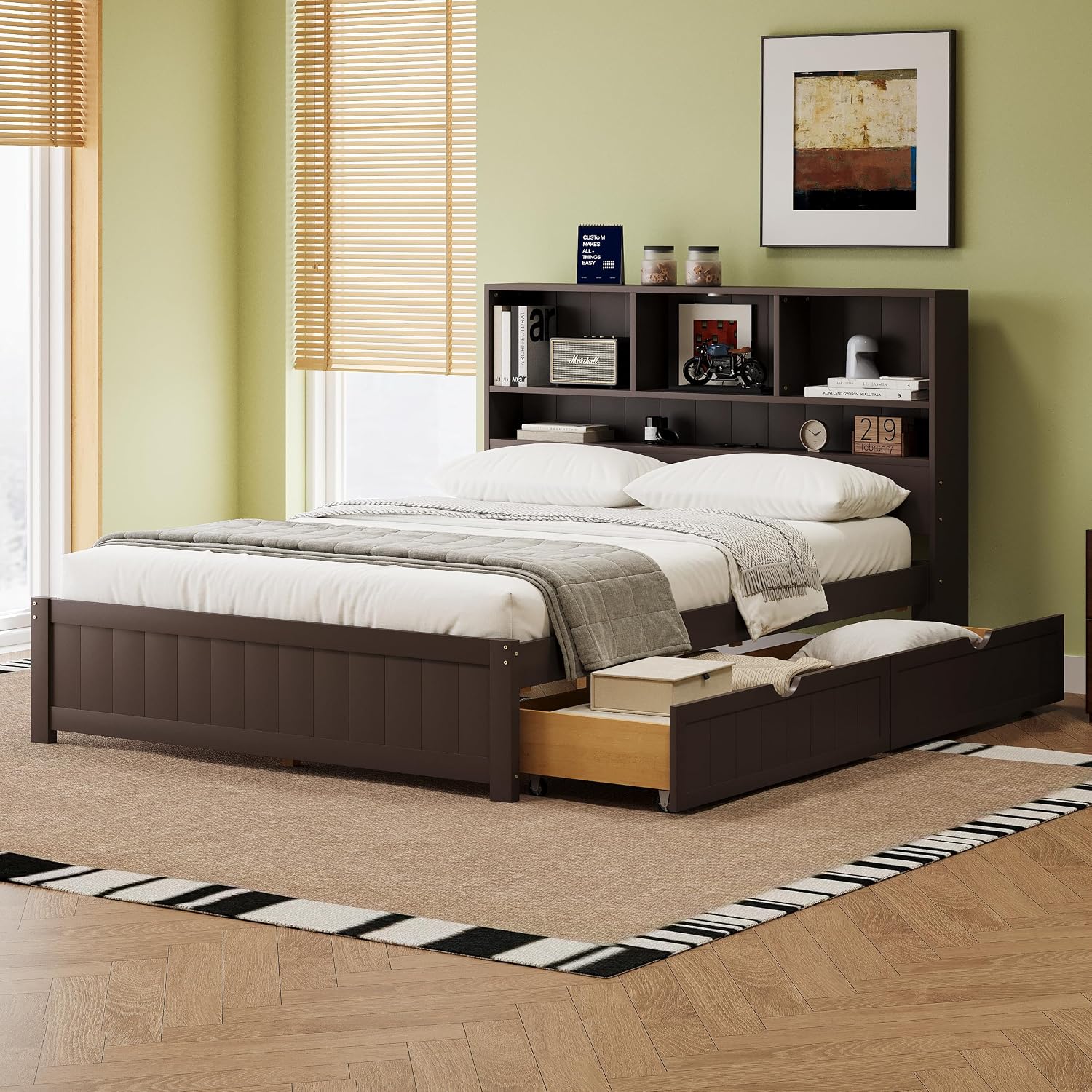 LUMISOL Twin Bed Frames with Charging Station and LED Lights, Wood Platform Bed with Bookcase Headboard and 2 Drawers, No Box Spring Needed, Espresso
