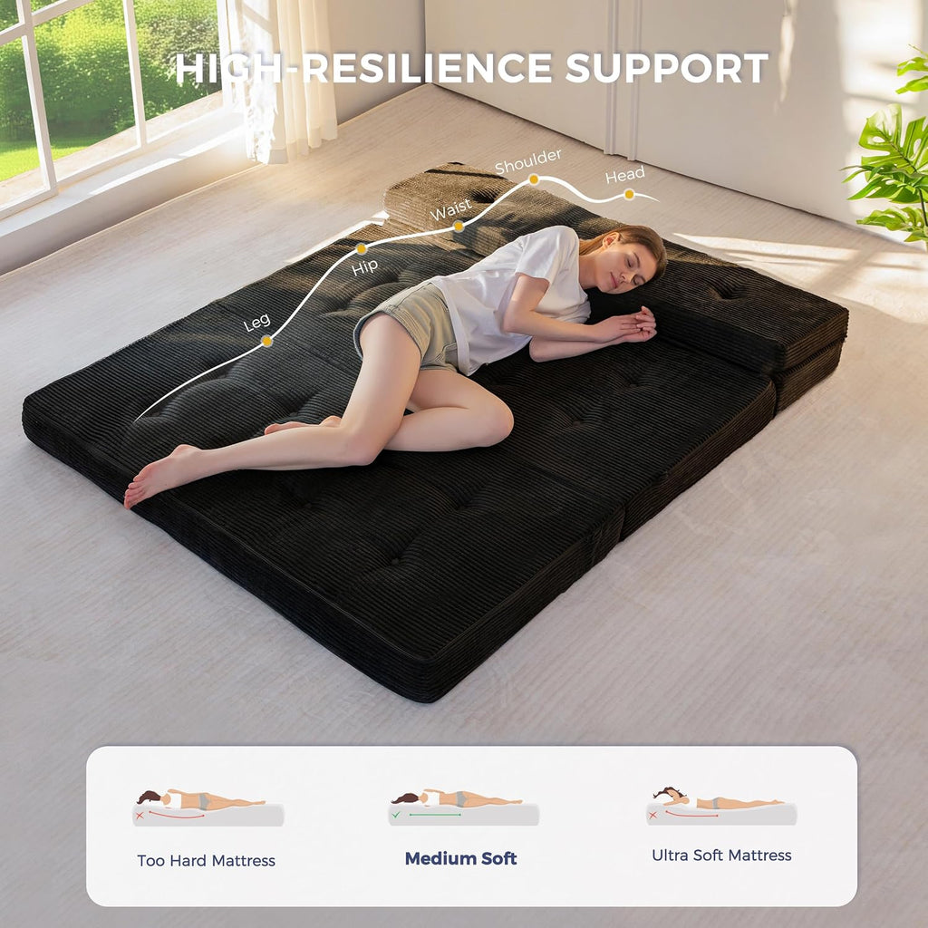 MAXYOYO Foldable Sofa Couch Bed, 4 Inch Tufted Folding Mattress, Portable Floor Couch with Handles Guest Bed Topper Portable Camping Mat with Corded Fabric, Queen Size, Black