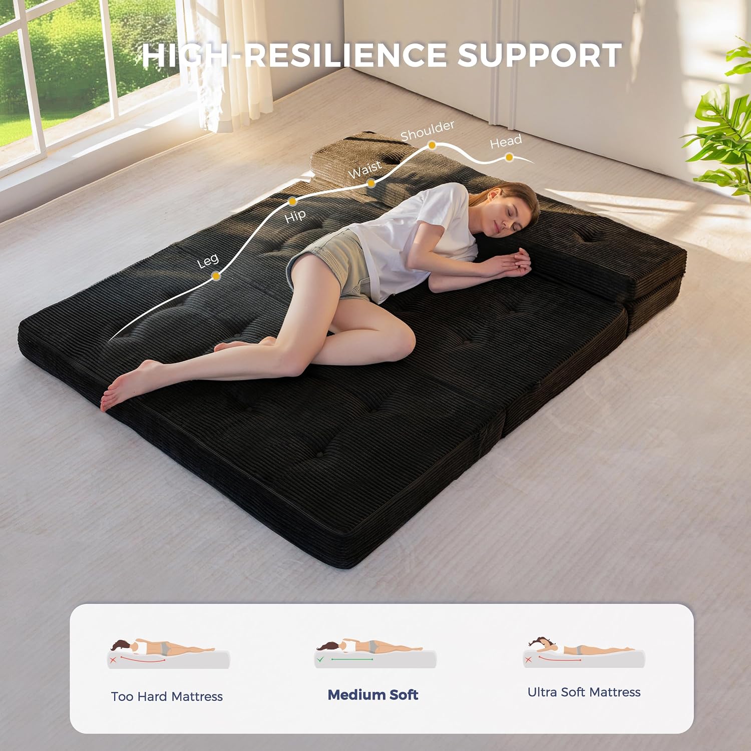 MAXYOYO Foldable Sofa Couch Bed, 4 Inch Tufted Folding Mattress, Portable Floor Couch with Handles Guest Bed Topper Portable Camping Mat with Corded Fabric, Queen Size, Black