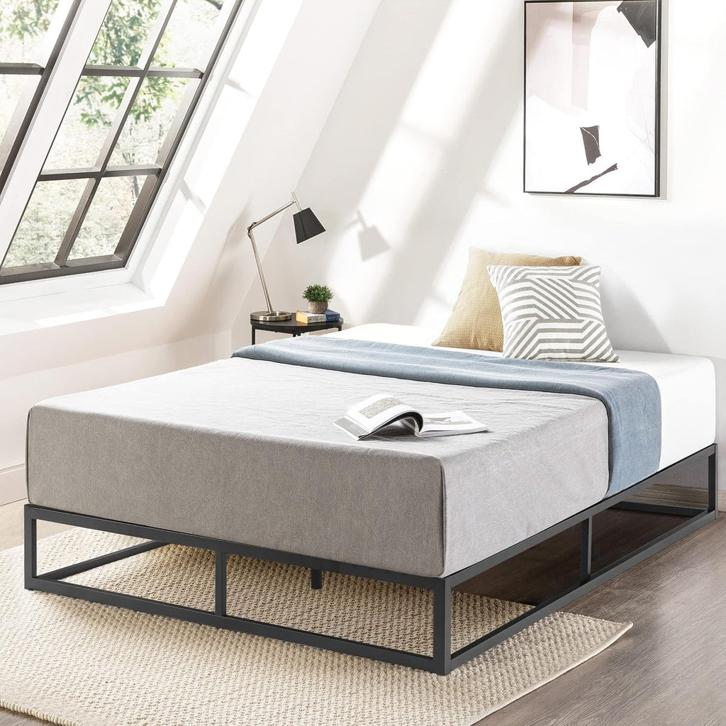 Mellow Modernista Low Profile 10 Inch Metal Platform Bed Frame with Classic Wooden Slat Support Mattress Foundation (No Box Spring Needed), King, Black