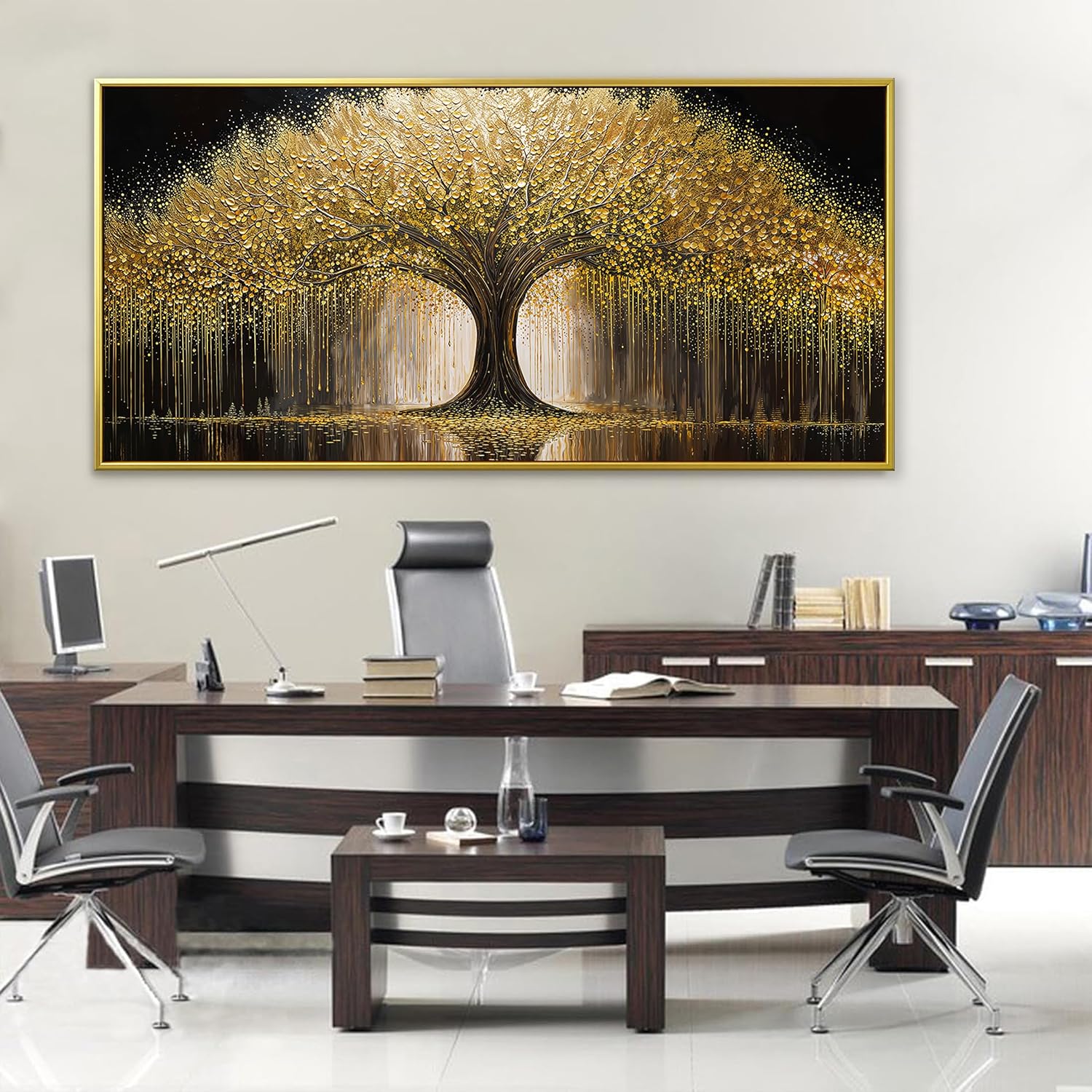 Large Golden Tree Of Life Wall Art Decor Modern Ready To Hang Room Wall Decor Gold Framed Wall Art For Living Room Kitchen Office Bedroom Canvas Prints Decor 29.5x58 Inch
